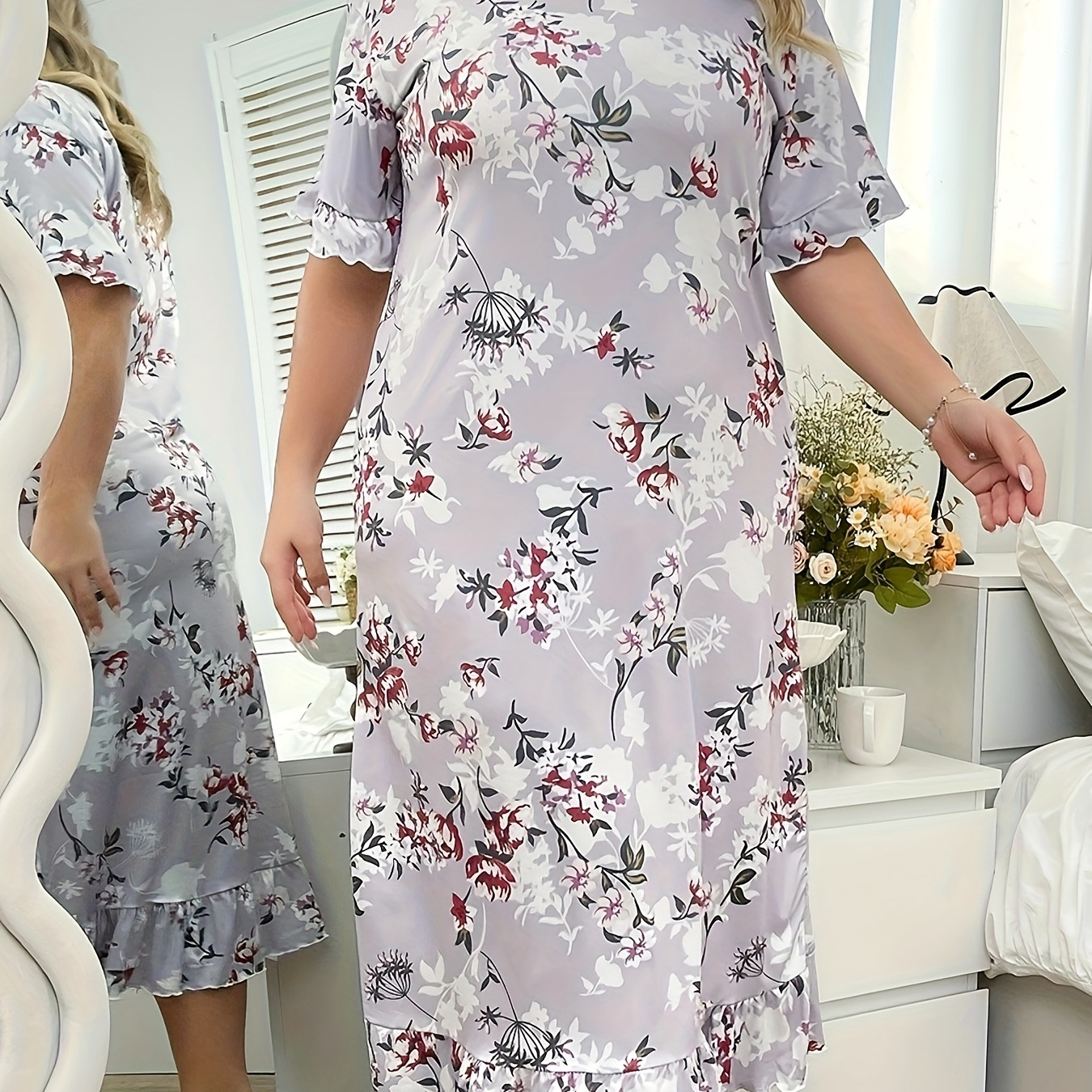 

1pc Women's Plus Size Floral Ruffle Night Dress, Casual Crew Neck Short Sleeve Knit Polyester Sleepwear With Elastane For , Casual |floral Nightdress|knit Construction, Plus Size Nightgown