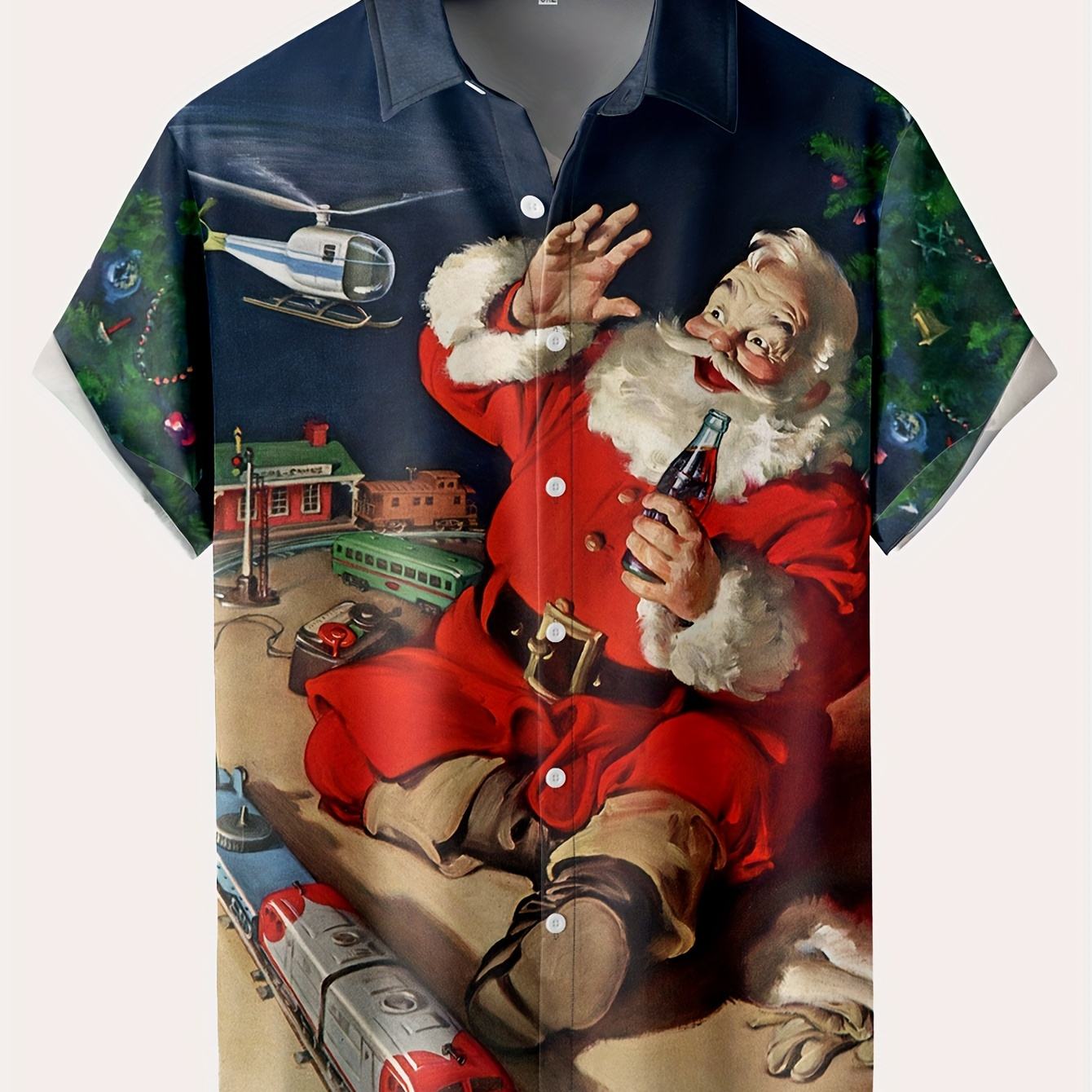 Various Creative Christmas Santa Anime Pattern, Men's Trendy Short Sleeve Lapel Hawaiian Shirt For Summer