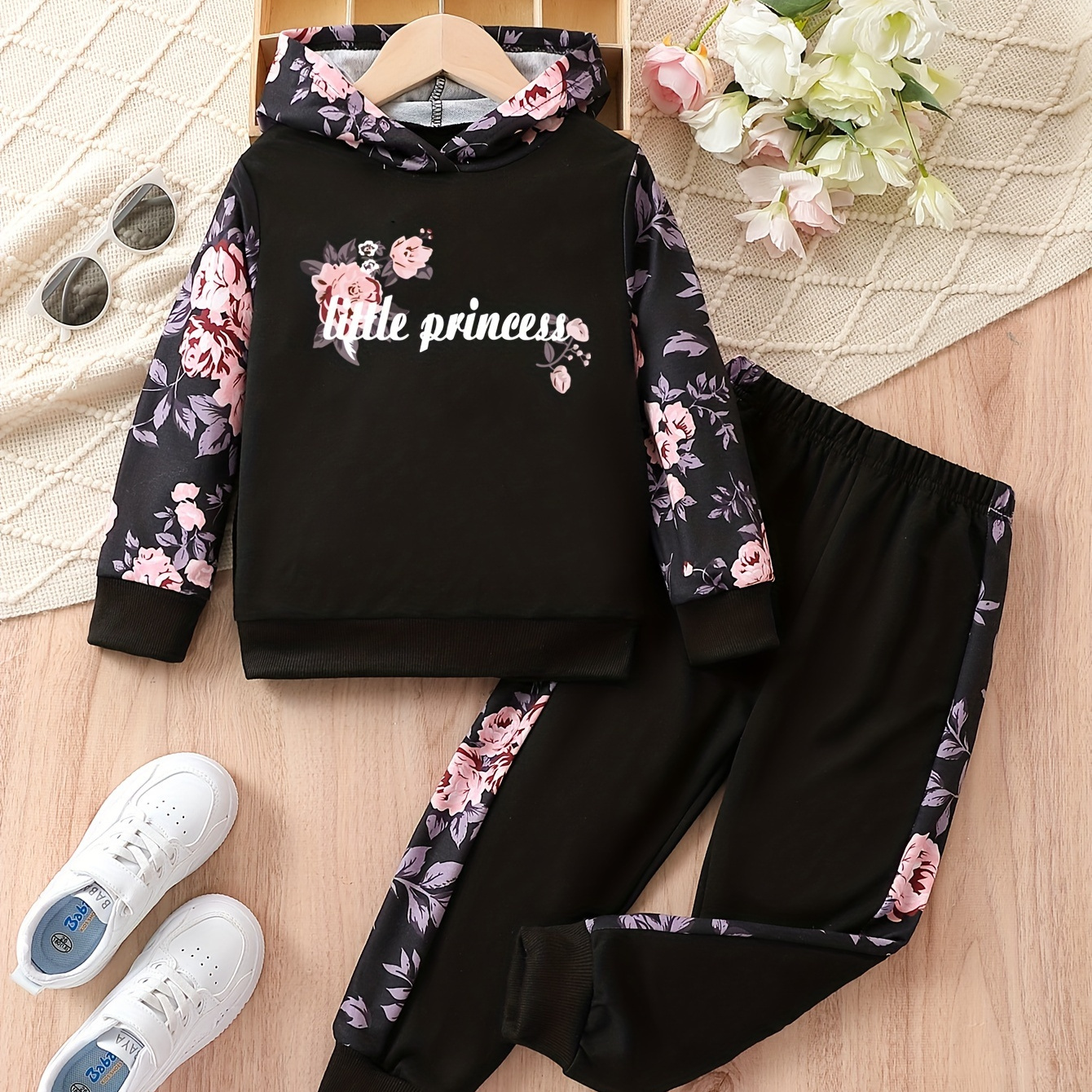 

2 Pièces Filles - Élégant, à à Longues & Leggings Extensibles Fleurs et Imprimé " ", Mélange de , Lavable en , et , Jeunes, l'Extérieur