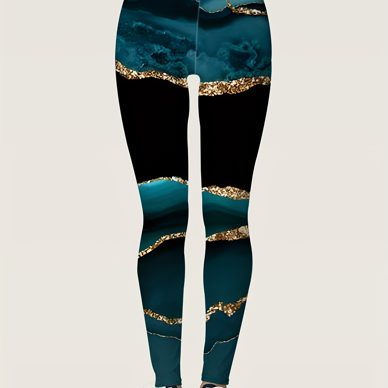 

Women's Elastic Waist Marble Print Leggings - Casual Comfort Polyester And Elastane Blend, Knit Fabric, Versatile For Spring/summer/fall