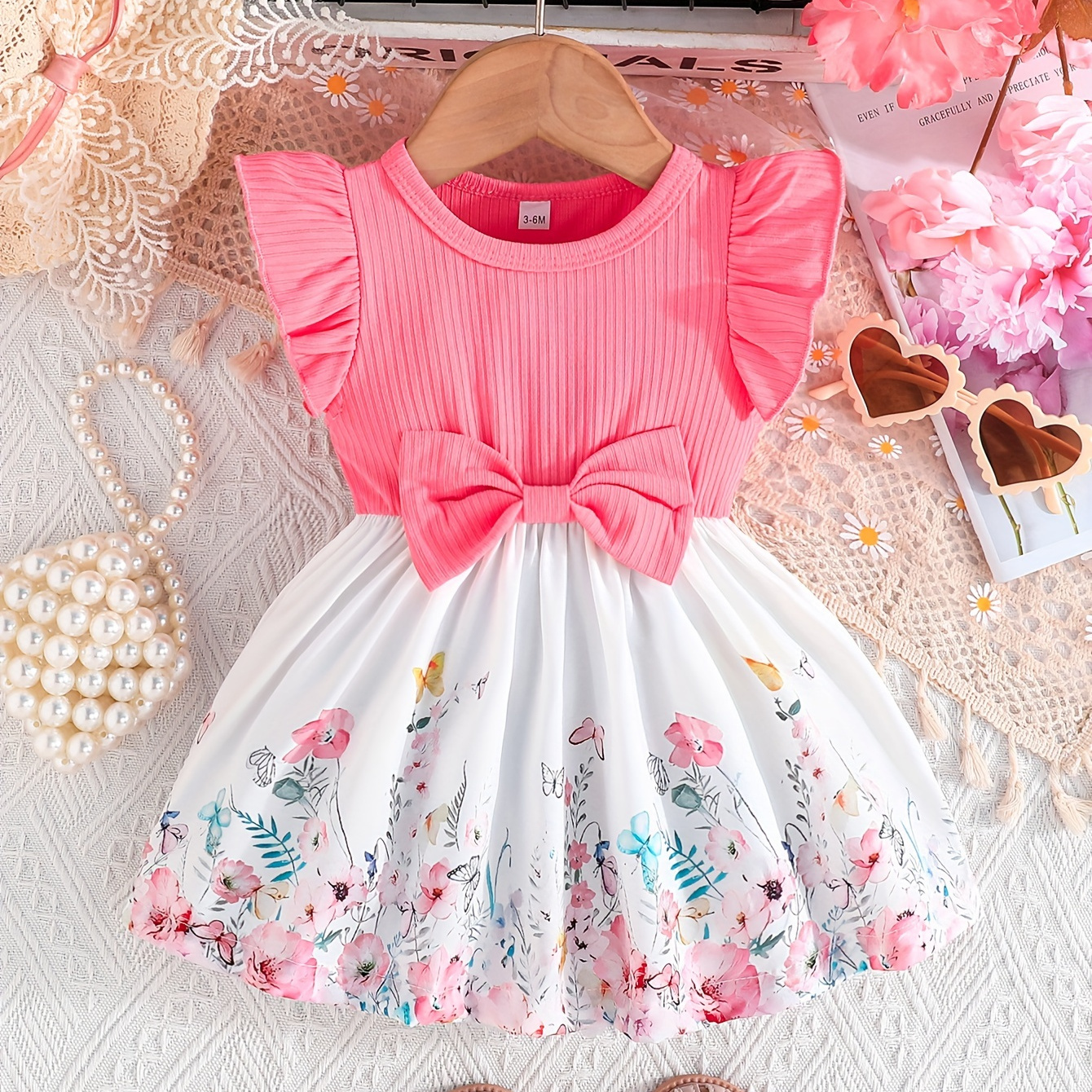 

Baby's Flower Butterfly Pattern Bowknot Decor Cap Sleeve Dress, Infant & Toddler Girl's Clothing For Summer/spring, As Gift