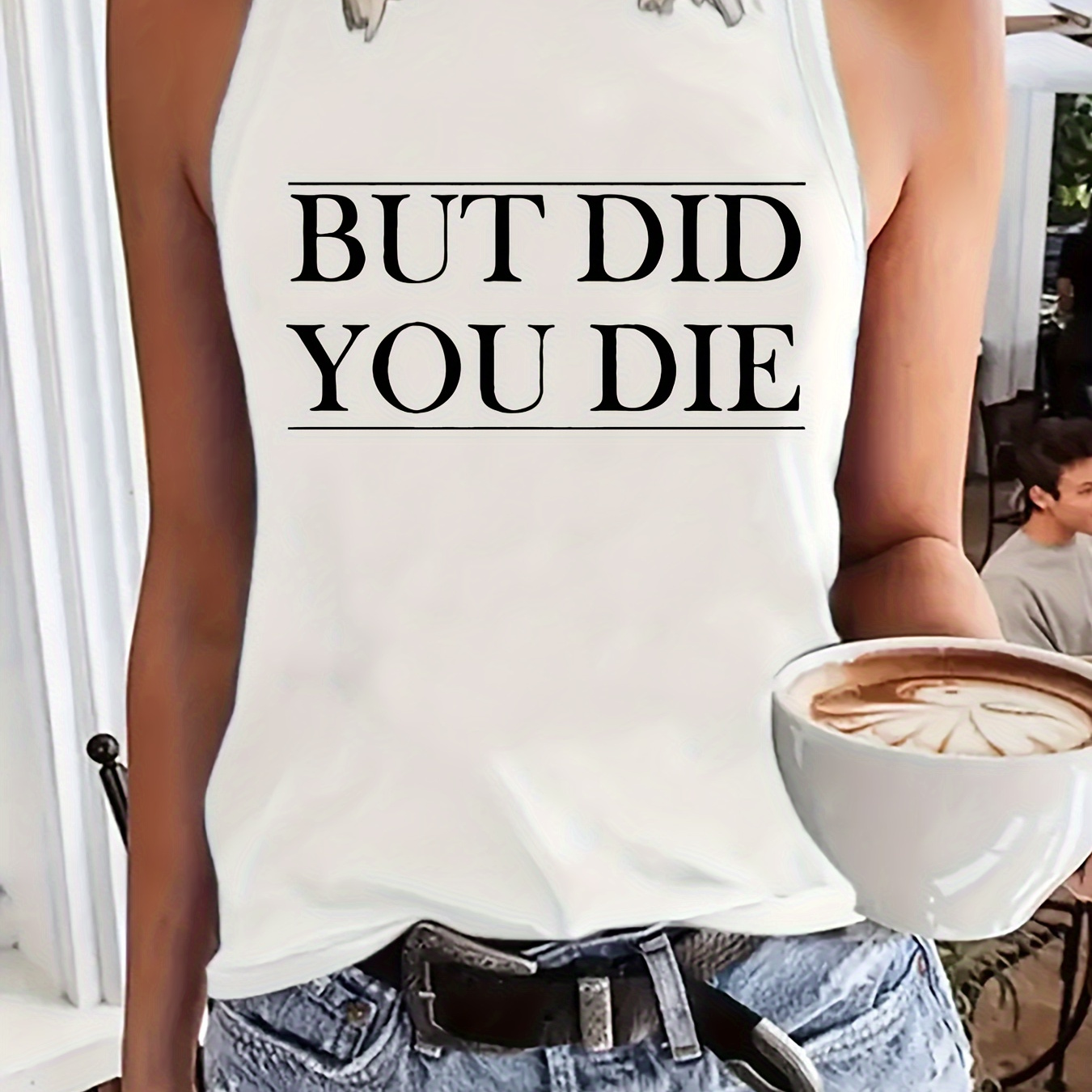 

Plus Size But Did You Die Print Tank Top, Casual Sleeveless Crew Neck Top For Summer & Spring, Women's Plus Size Clothing
