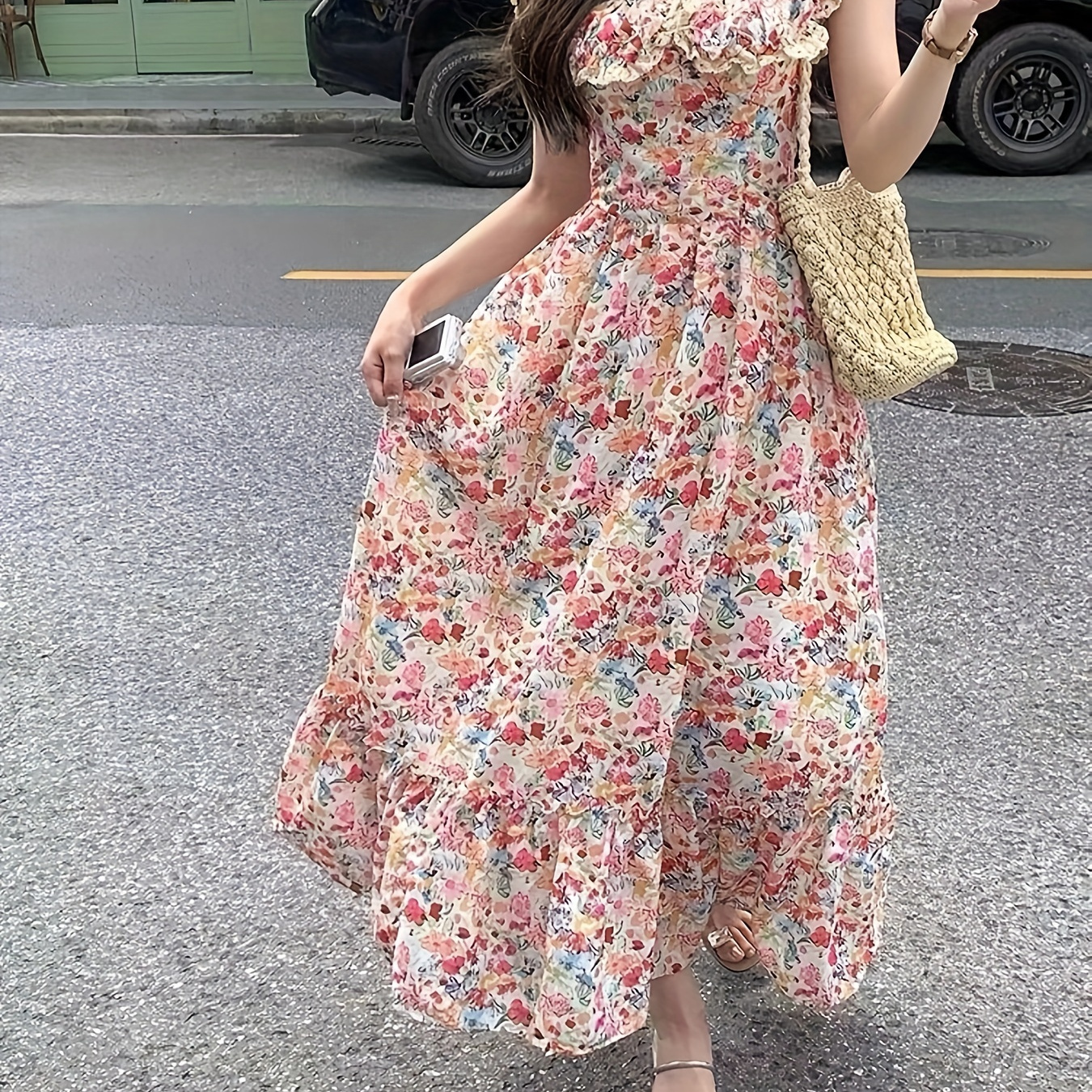 

Floral Print Lettuce Trim Dress, Frenchy Square Neck Cap Sleeve Ankle Length Dress For Spring & Summer, Women's Clothing