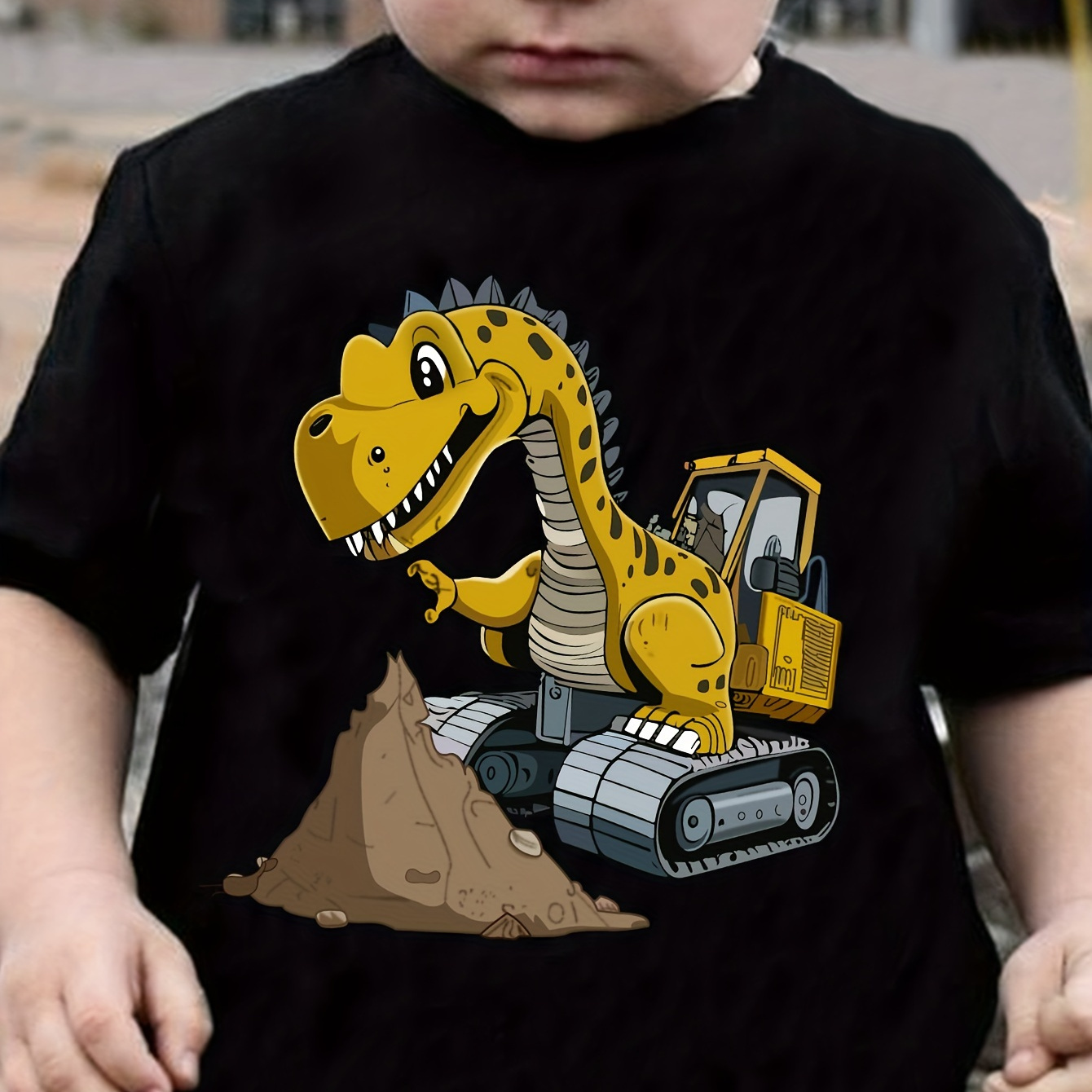 

Dinosaur Excavator Print Tee Tops, Boys Round Neck Casual Short Sleeve Comfortable Soft Premium T-shirt
