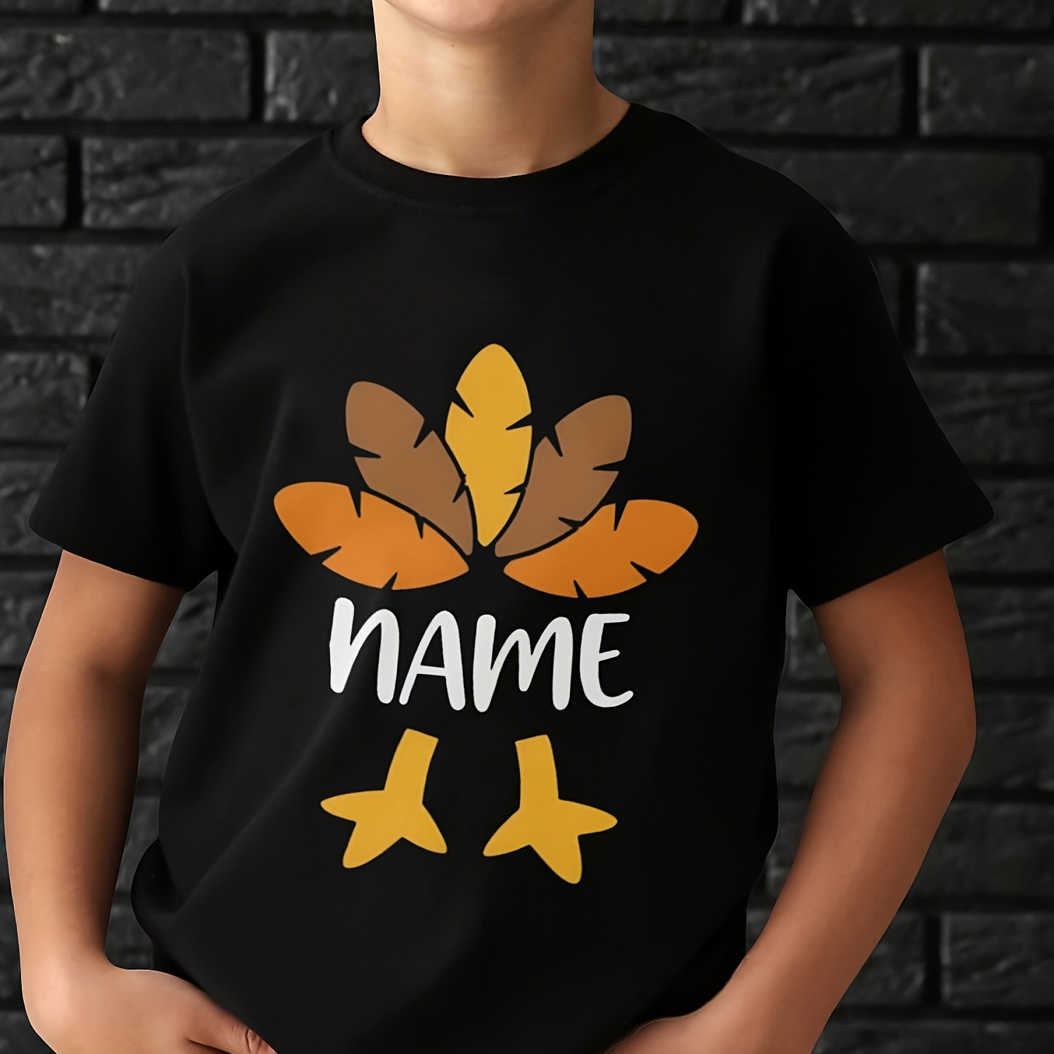 

Thanksgiving Day Gift Custom Name With Turkey Print, Boys' Casual & Trendy Crew Neck Short Sleeve Cotton T-shirt For Spring, Summer & Fall, Boys' Clothes For Outdoor Activities, Available In 5 Colours