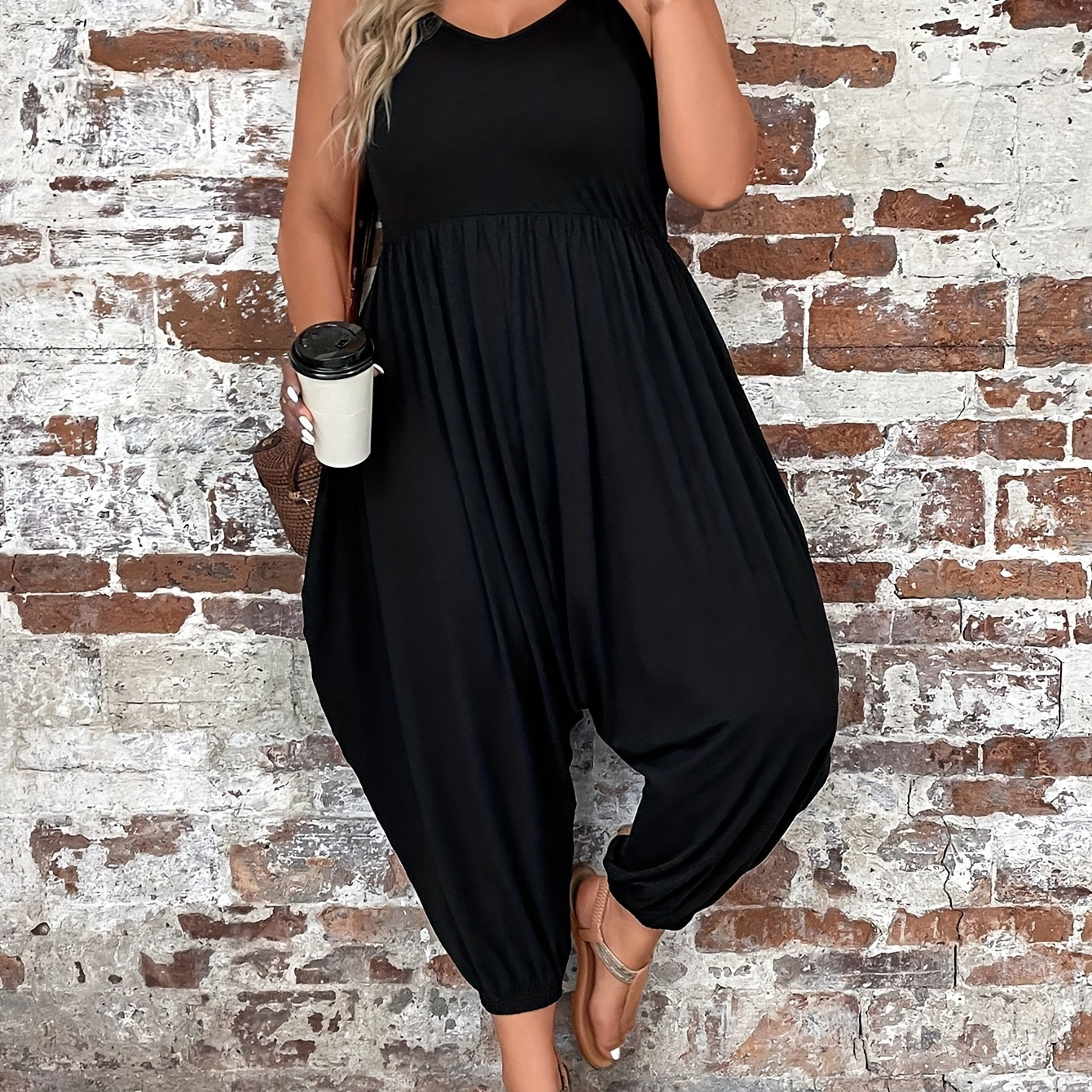 

Plus Size Solid Ruched Baggy Jumpsuit, Casual Sleeveless Jumpsuit, Women's Plus Size Clothing