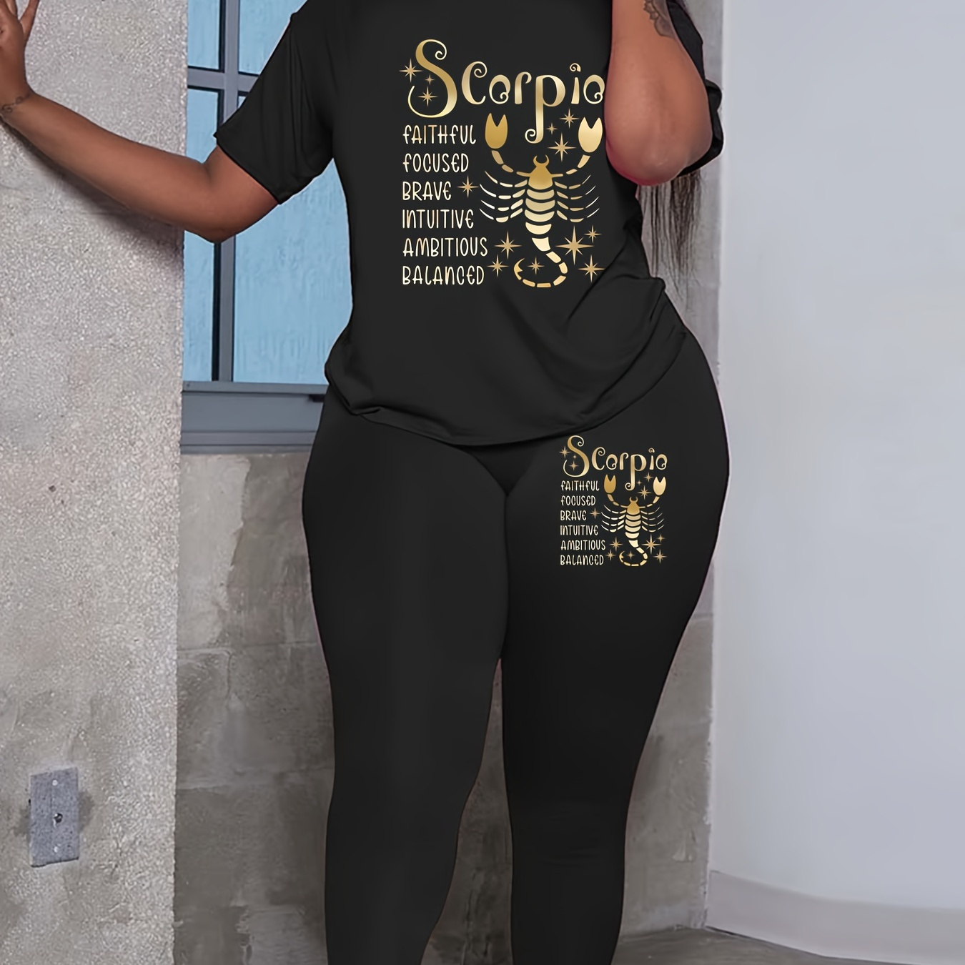 

Scorpio & Letter Print Two-piece Set, Casual Short Sleeve T-shirt & Skinny Pants Outfits, Women's Clothing