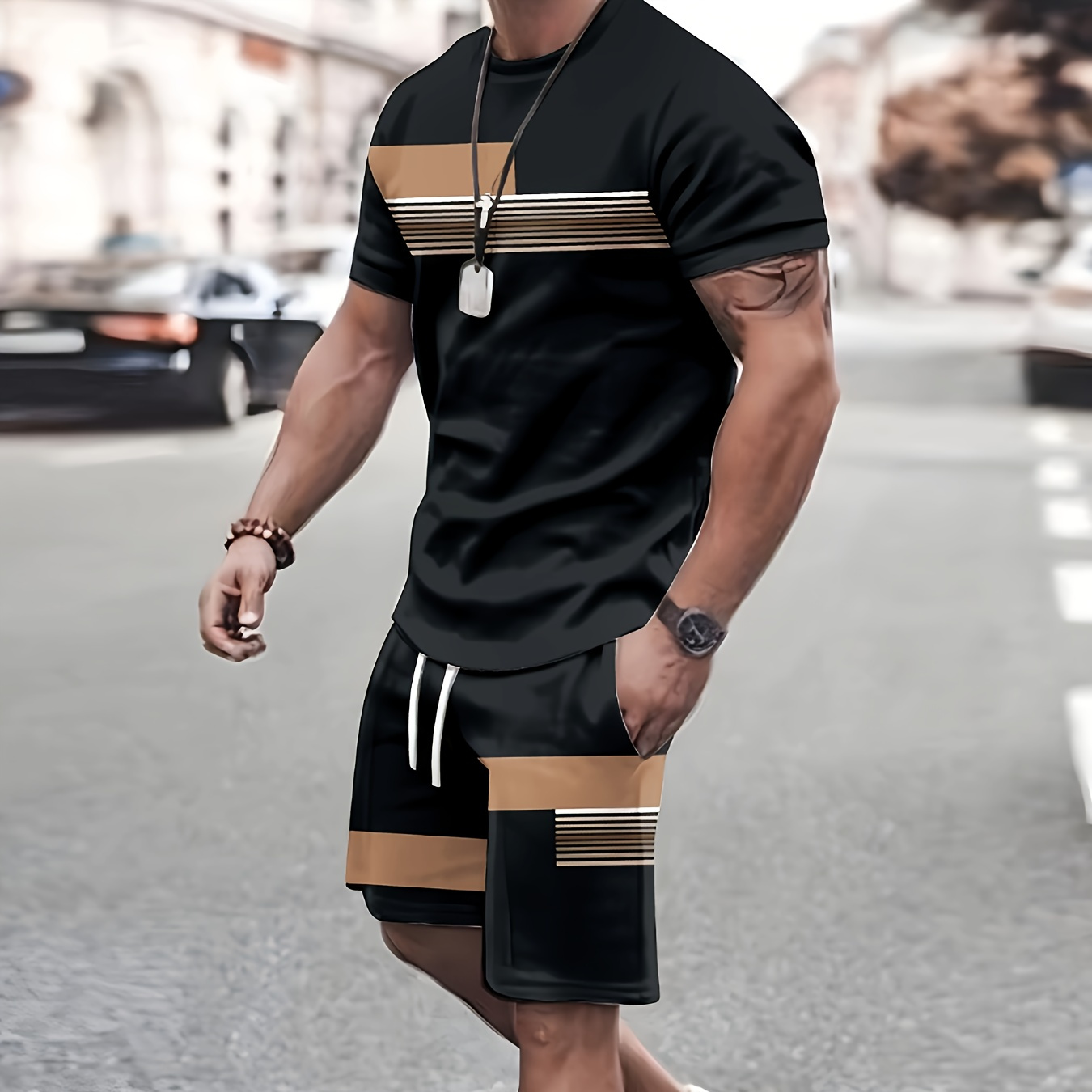 

Men's Casual 2pcs Set, Chic Striped T-shirt + Active Shorts Matching Set For Summer