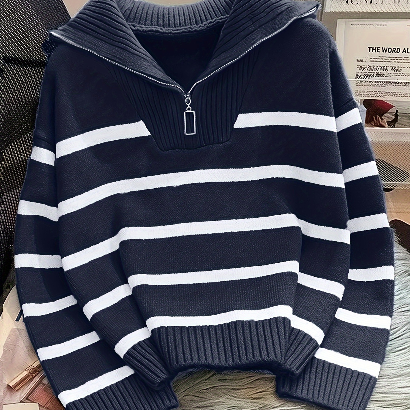 

Striped Collared For Women - Long Sleeve, Drop Shoulder , For Fall/