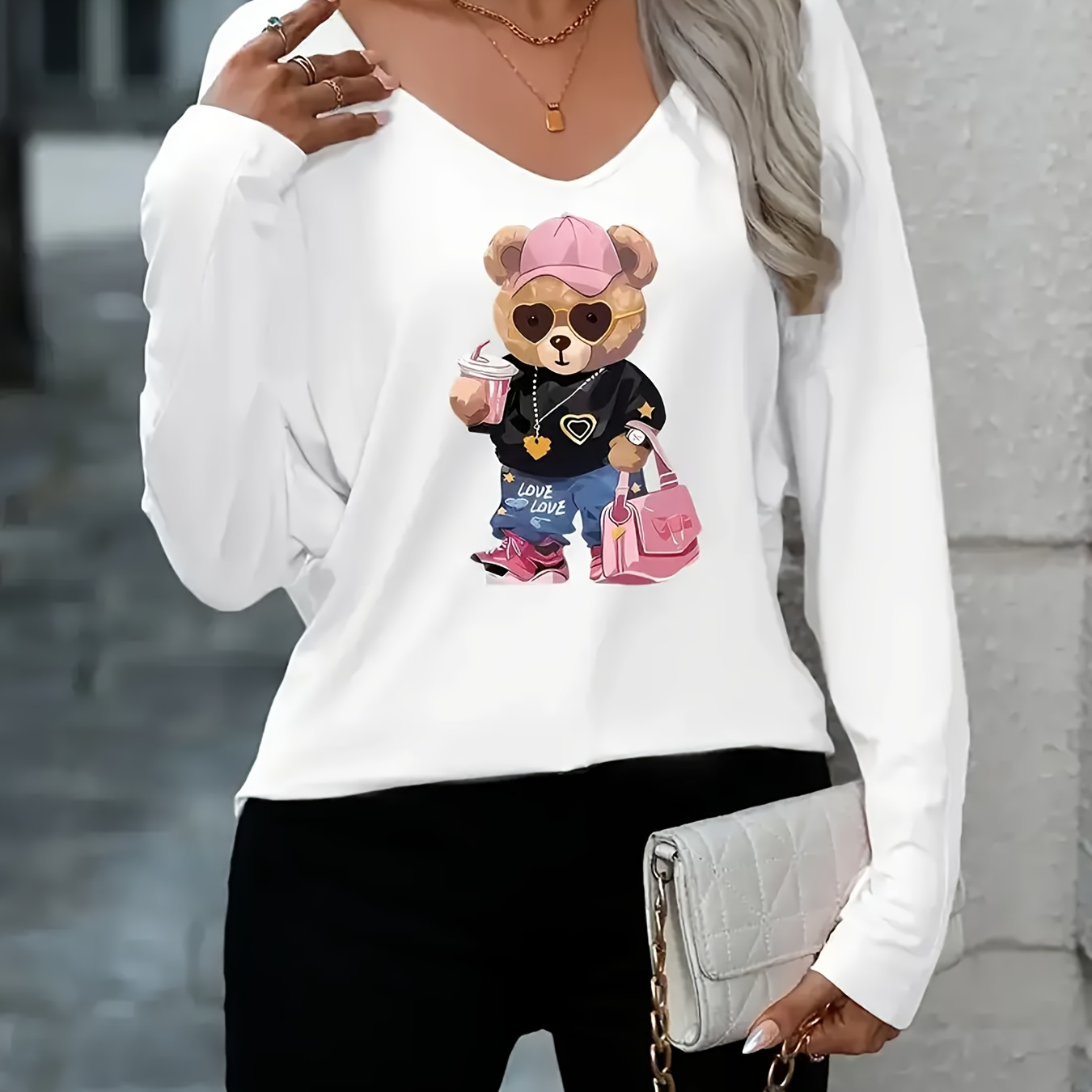 

Women's Casual Long Sleeve T-shirt, V-neck With Cute , Comfortable Summer Top For Women