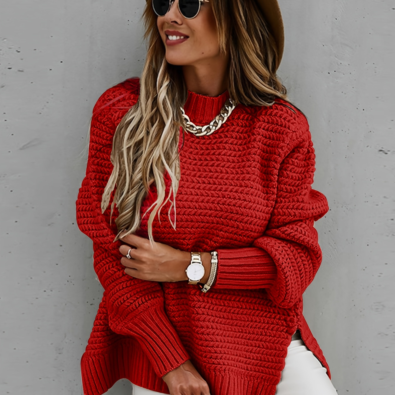 

A Cozy Autumn/winter Style Featuring A Half Turtleneck, Twisted Ribbed Loose Solid Color Long-sleeve Knit Sweater With Side Slits, Shorter In The Front And In The Back For Women.