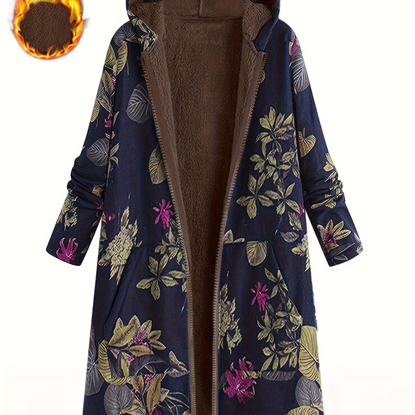 

Floral Print Zip-up Hoodie Longline Coat, Casual Long Sleeve Pockets Faux Fur Lined Warm Coat For Winter, Women's Clothing