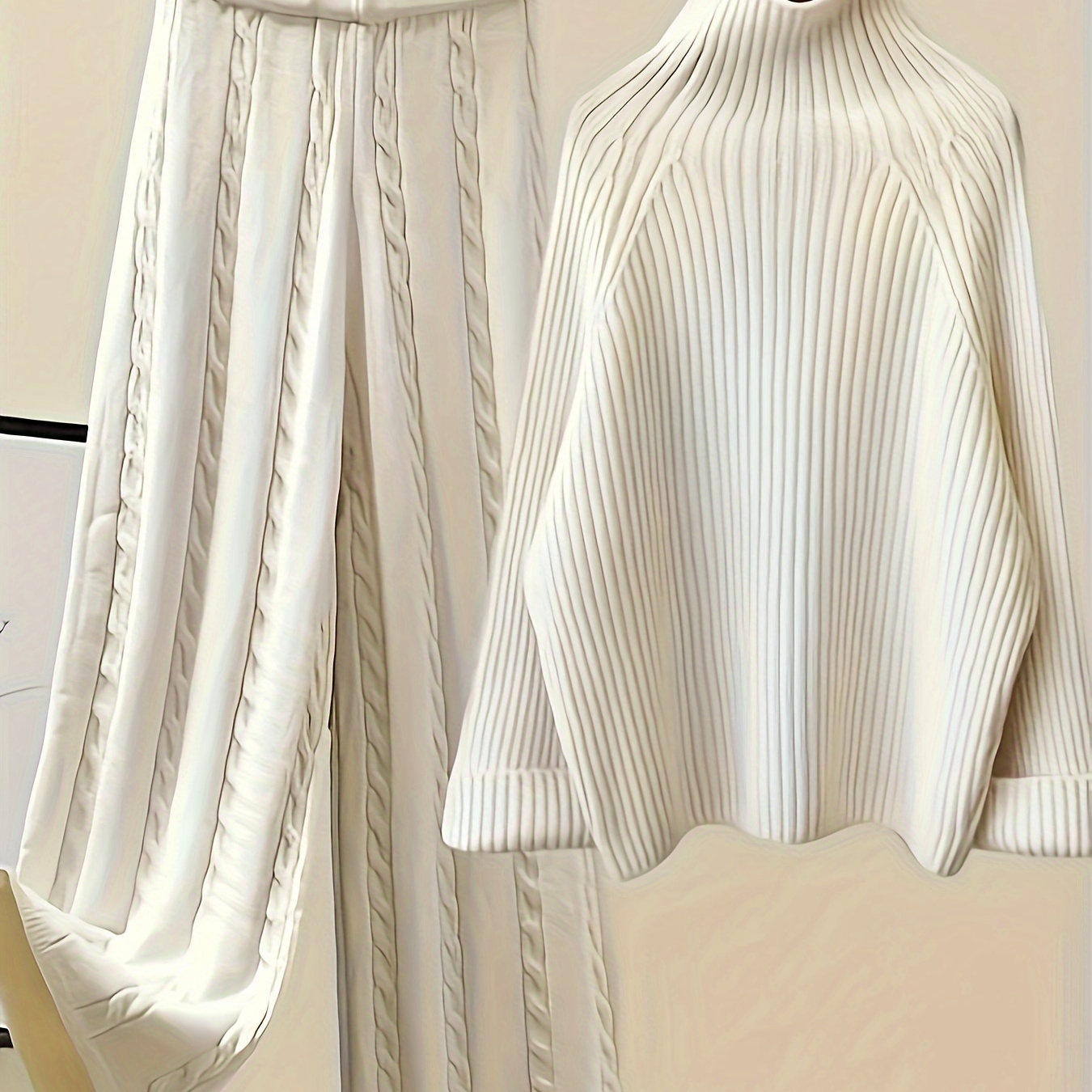 

1 Set Elegant Women's 2pcs Outfit, Solid Color High Neck Long Sleeve Sweater And Pants, 100% Acrylic Knit Fabric, Chic Turtleneck Pullover With Matching Wide Leg Trousers