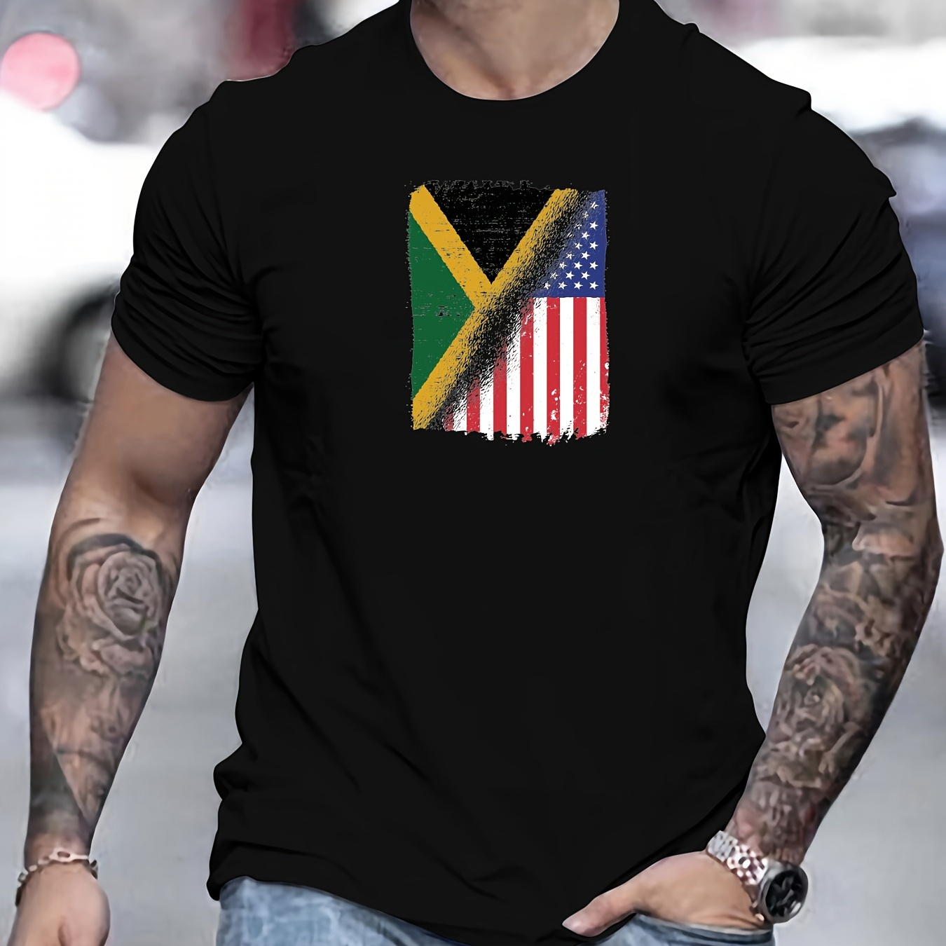 

Jamaican Flag Print Men's Crew Neck T-shirt, Short Sleeve Comfy Versatile Tee Tops, Summer Casual Clothing