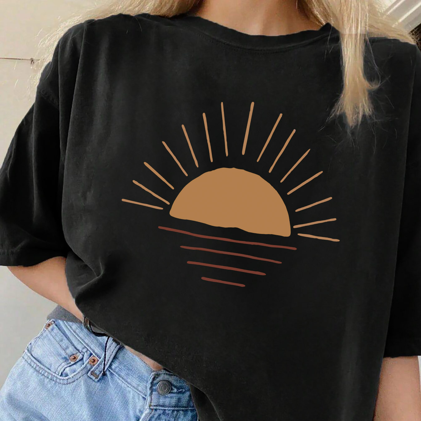 

Sun Print T-shirt, Short Sleeve Crew Neck Casual Top For Summer & Spring, Women's Clothing