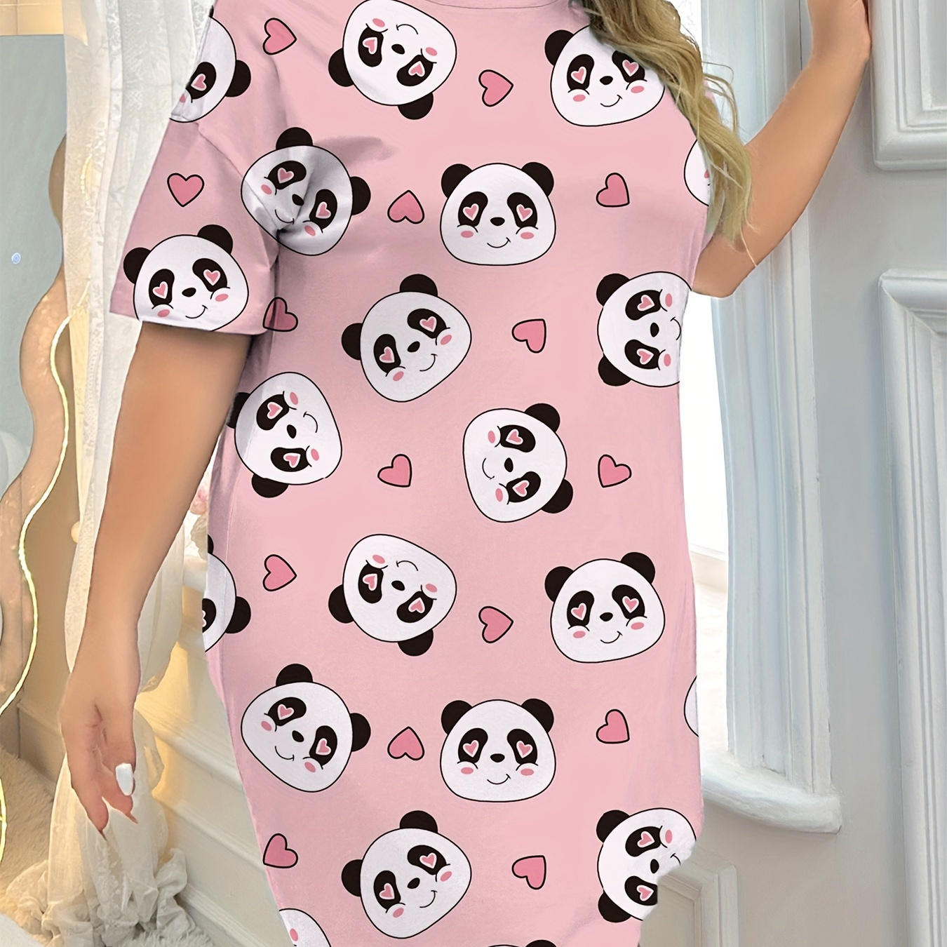

Women's Plus Cute Sleep Dress, Plus Size Cartoon Panda & Heart Print Short Sleeve Round Neck Nightdress