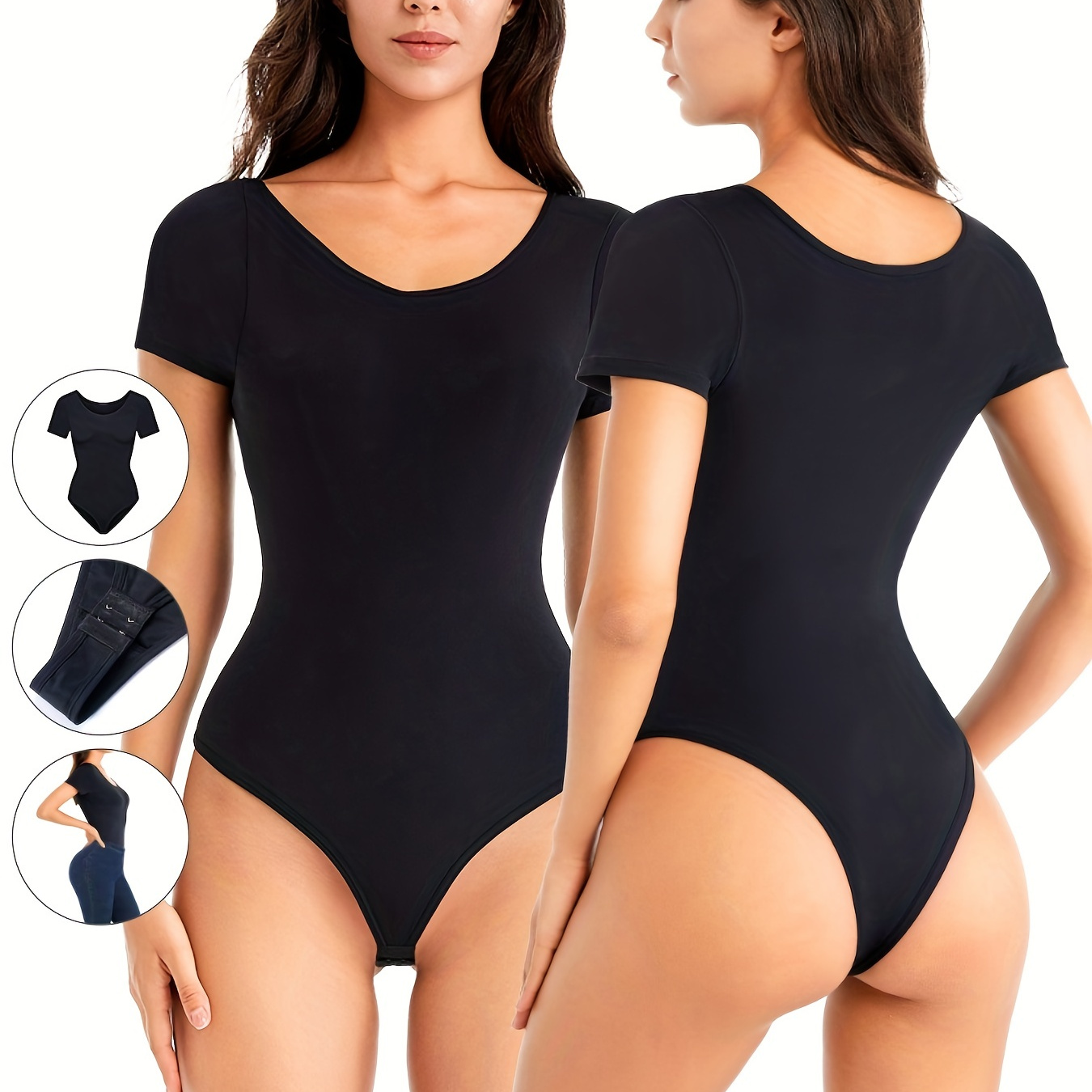 Seamless Solid Shaping Bodysuit Short Sleeve Crew Neck - Temu Canada