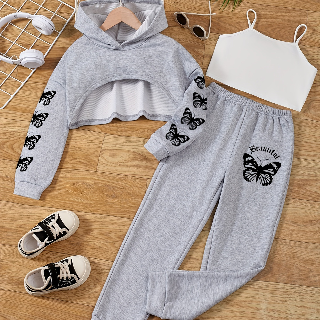 Butterfly Sets Girls Hoodies + Tank Top + Jogger Pants Kids - Temu