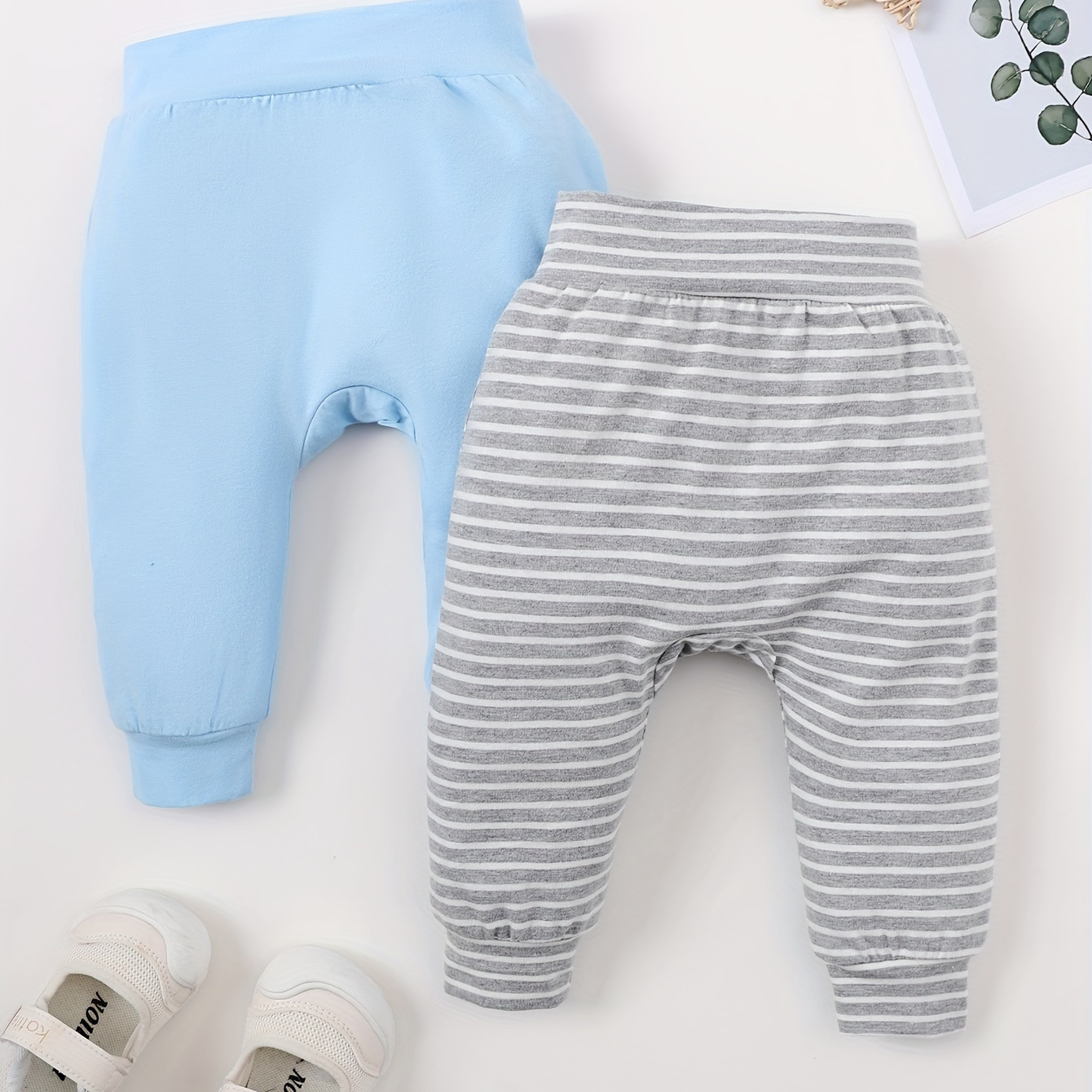 

2pcs Baby Boys' Striped Casual Long Pants, Comfortable Cotton Joggers, Toddler Soft Elastic Waistband Trousers, Blue & Grey