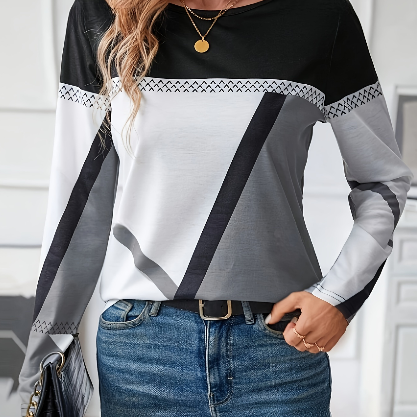 

Color Block Long Sleeve T-shirt, Casual Crew Neck Top For Spring & Fall, Women's Clothing