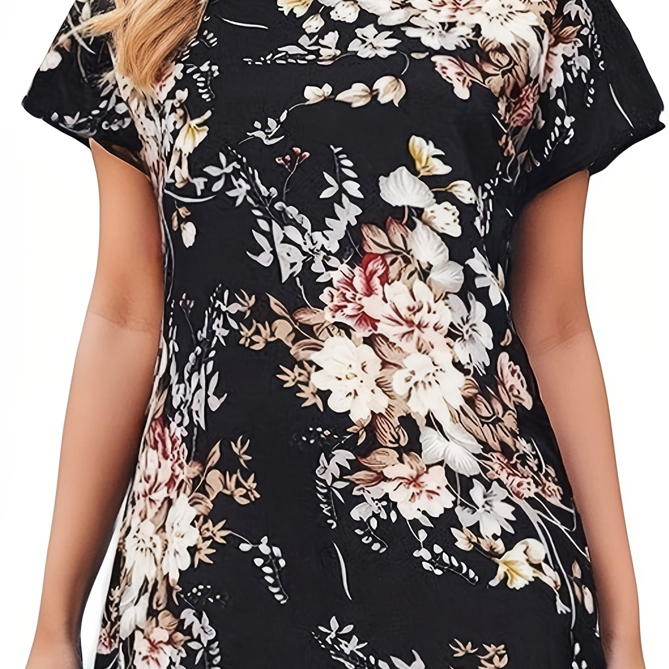 

Floral Print Dress, Elegant Crew Neck Short Sleeve Dress, Women's Clothing