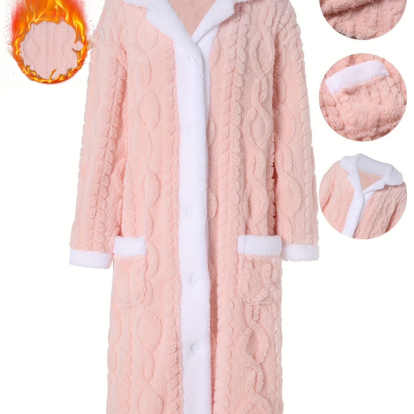 

Women's Winter Casual V-neck Robe With Pockets, Cute Pink Knit Polyester 100% Sleepwear, Warm Loungewear Dress For Pregnant And Students, Solid Coat