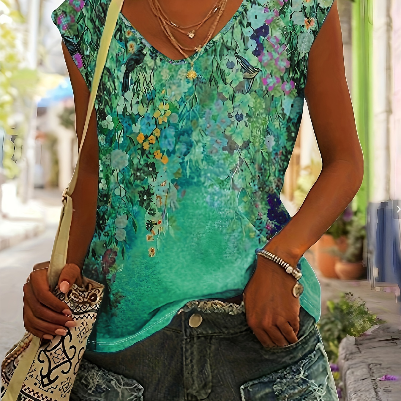 

Floral Print Crew Neck Tank Top, Casual Sleeveless Top For Spring & Summer, Women's Clothing