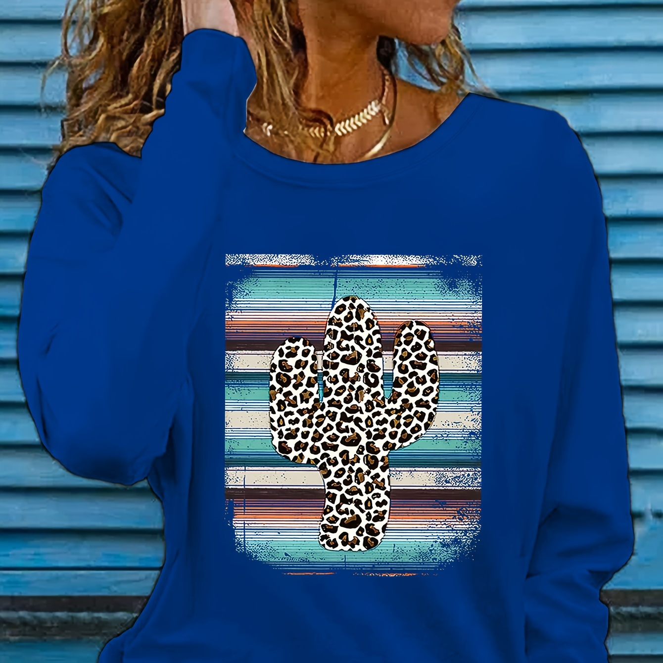 

Cactus Print T-shirt, Long Sleeve Crew Neck Casual Top For Spring & Fall, Women's Clothing