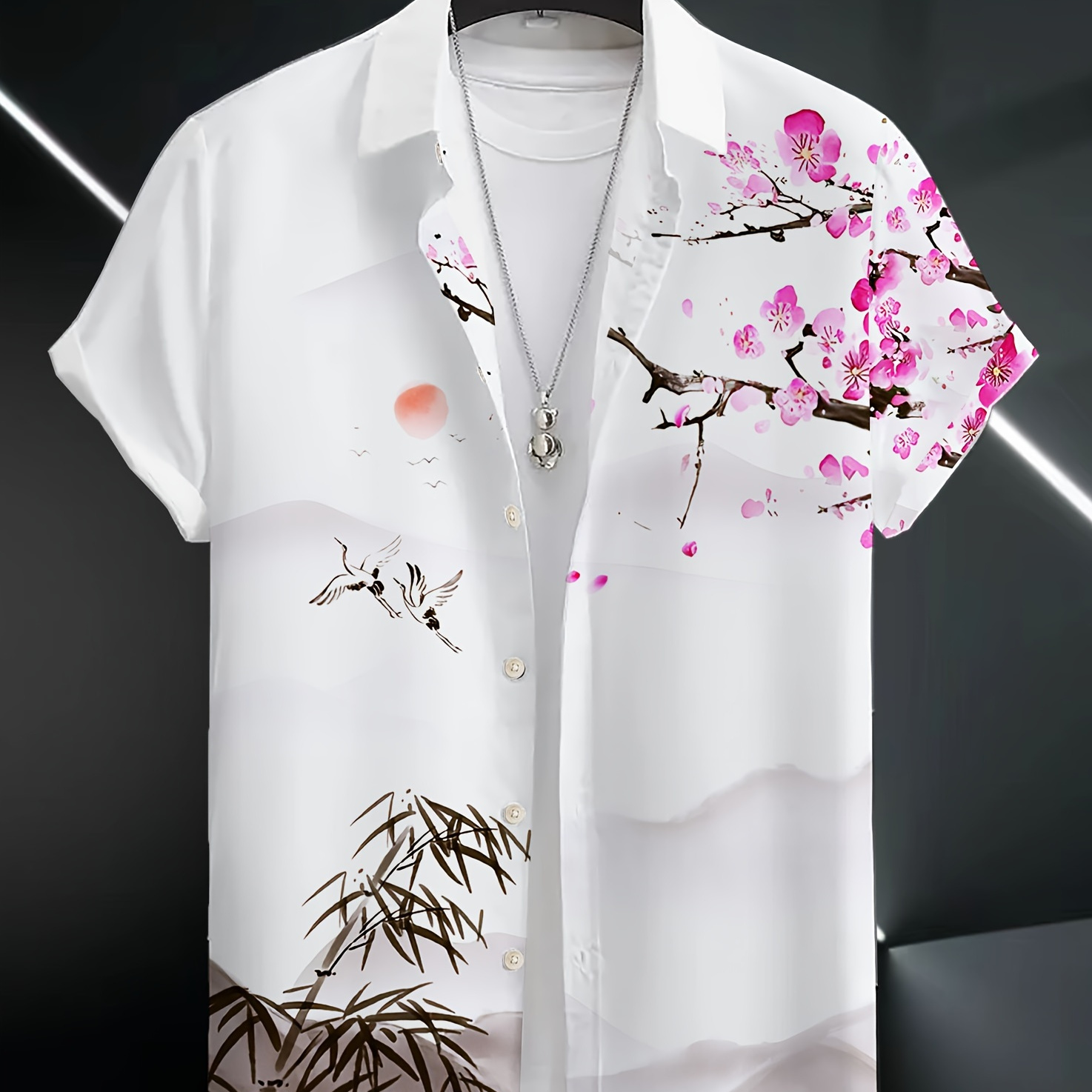 

Men' Painting Style Plum Pattern Print Short Sleeve Lapel Shirt Top, Casual Button Up Shirt For Summer And Vacation Resorts