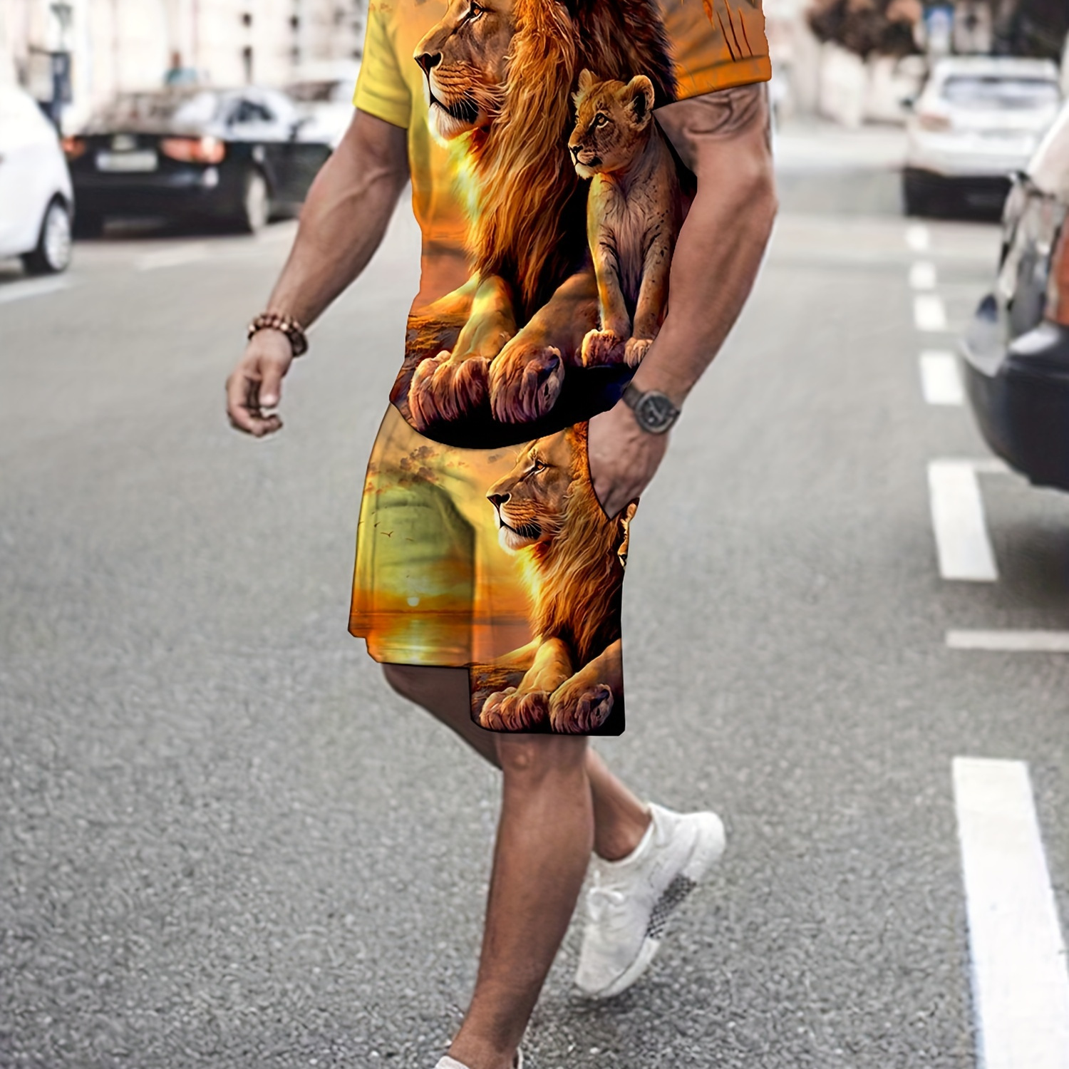 

Men's Casual 2pcs Set, Lion Print T-shirt + Active Shorts Matching Set For Fitness
