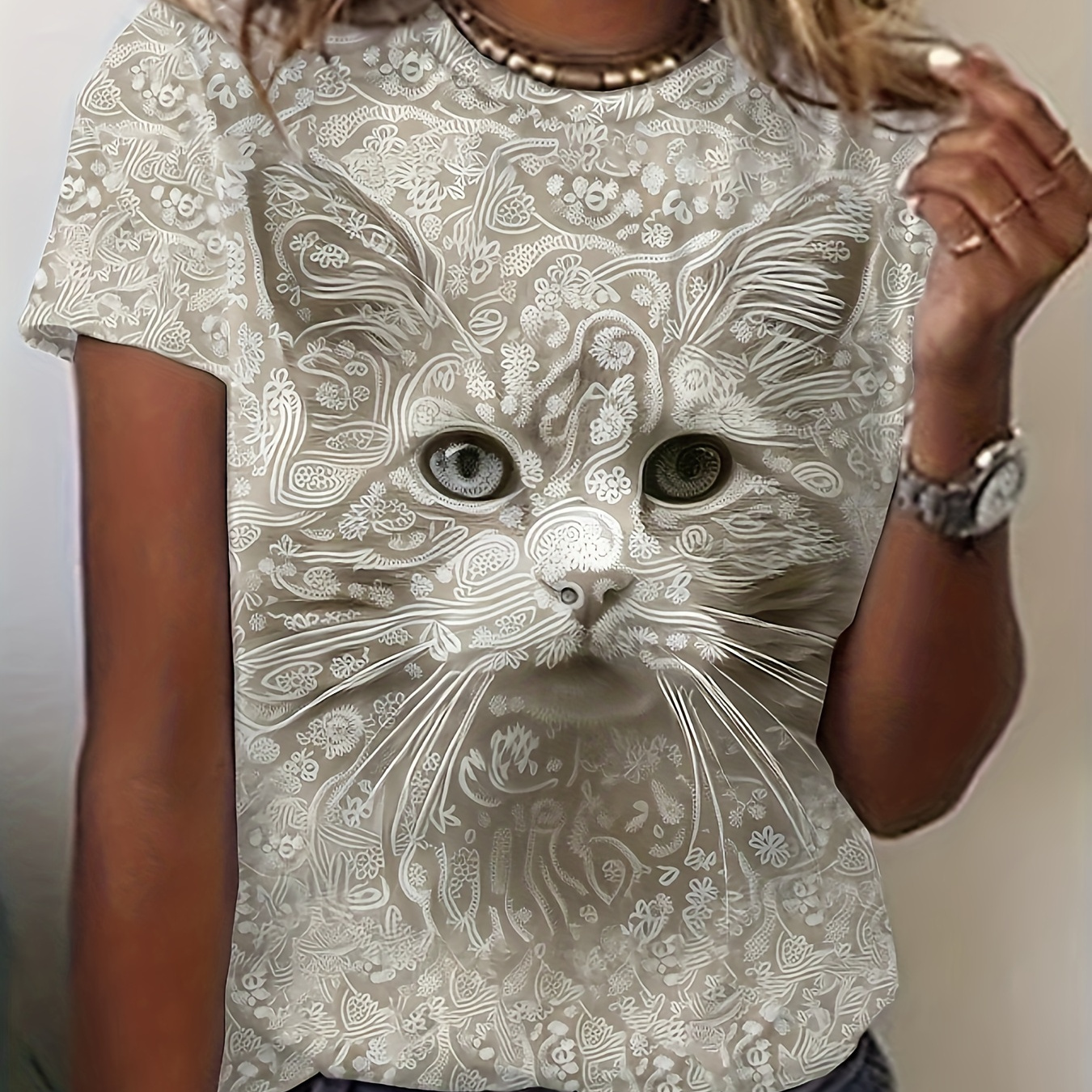 

Cute Cat Print T-shirt, Casual Crew Neck Short Sleeve Top For Spring & Summer, Women's Clothing