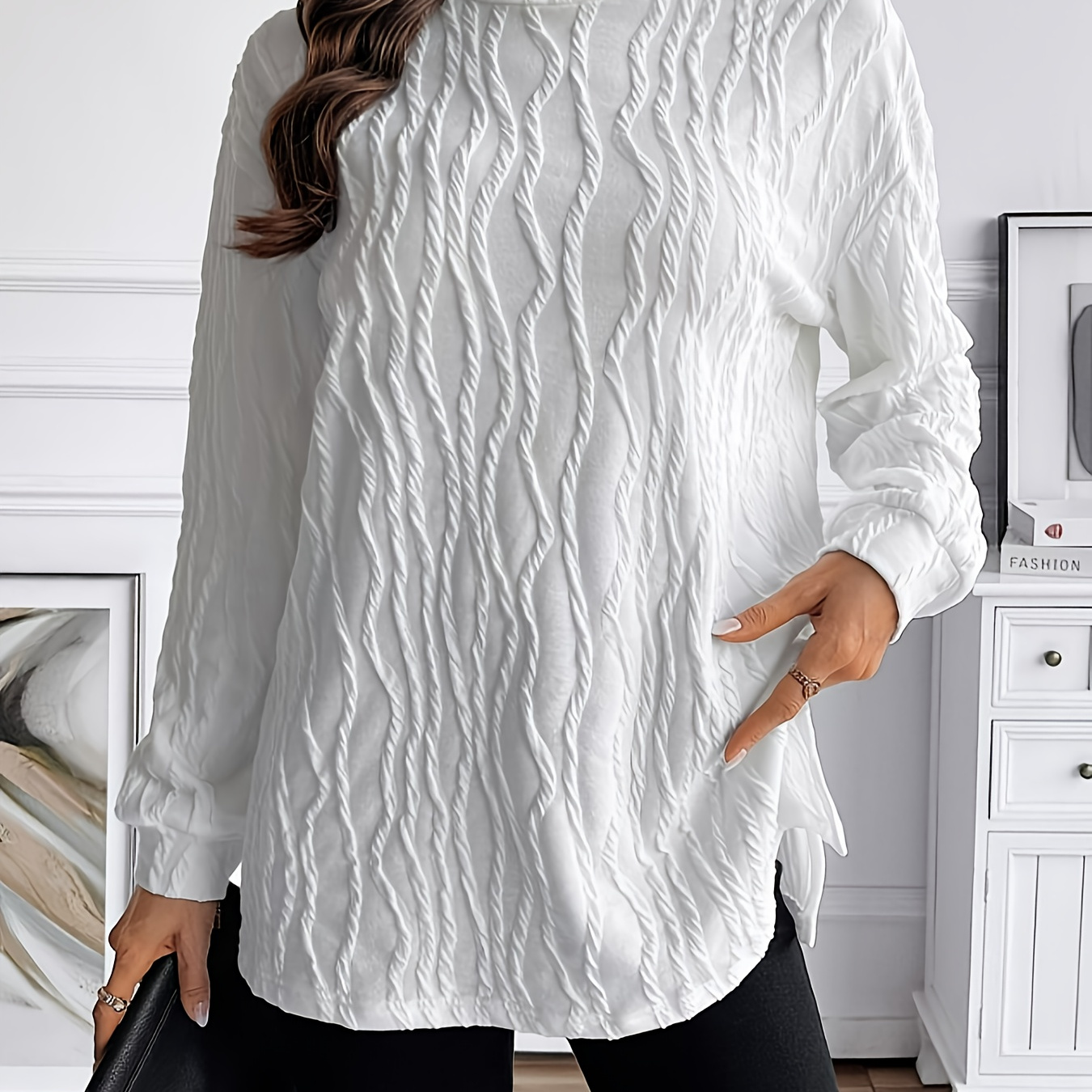 

1pc Elegant Women's High Neck Long Sleeve T-shirt, Solid Color Knit Polyester,