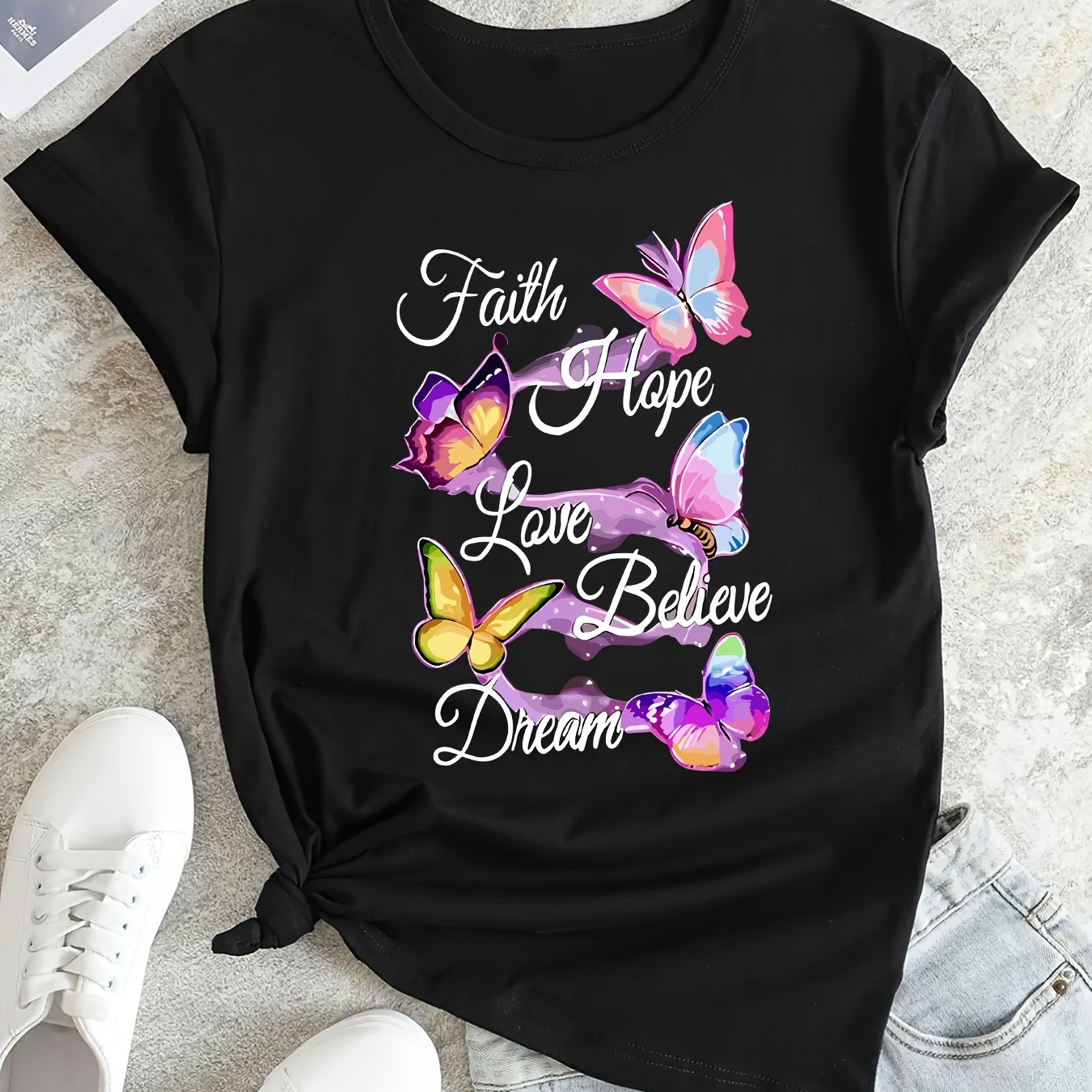 

Women's Inspirational Butterfly Print T-shirt, Casual Round Neck Short Sleeve Top, Sporty Style, Spring/summer Fashion