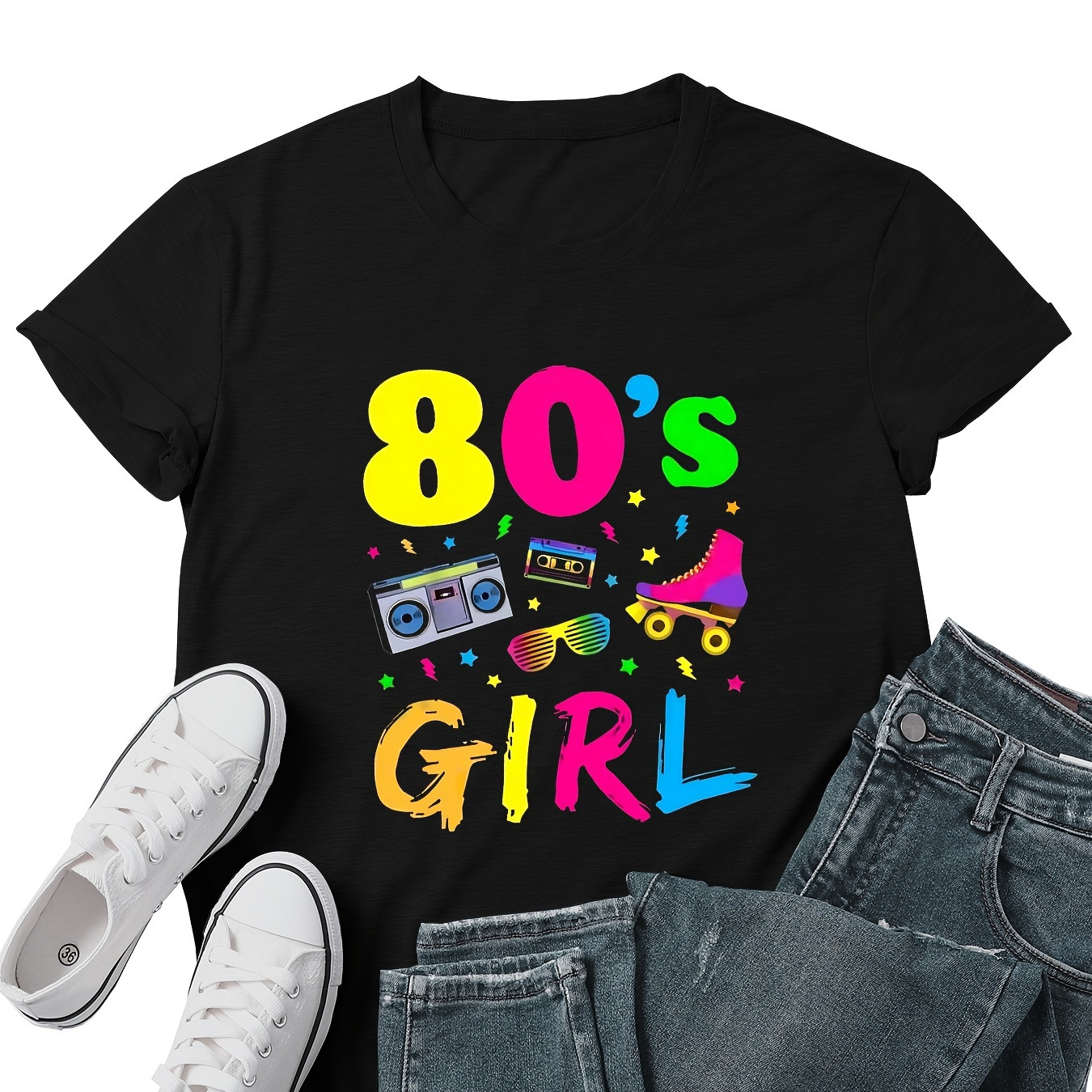 

80's Girl Print T-shirt, Short Sleeve Crew Neck Casual Top For Summer & Spring, Women's Clothing