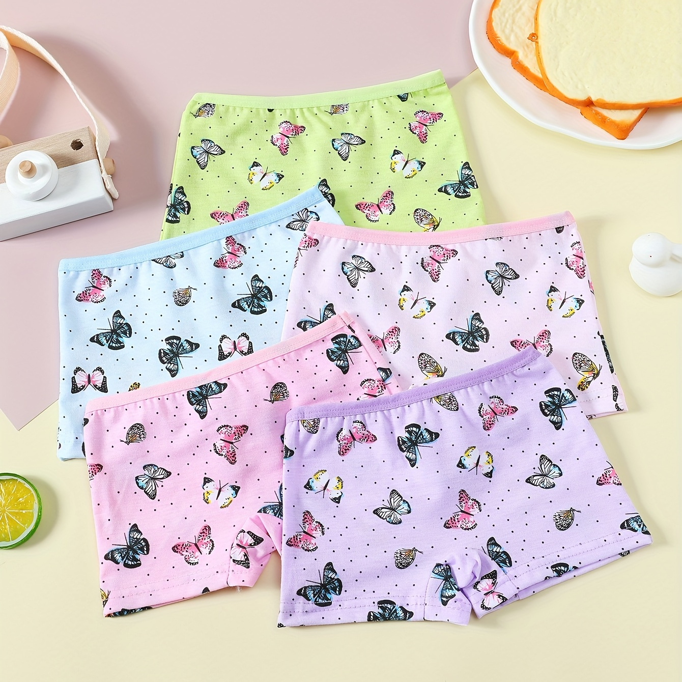 

5 Pcs Girls Underwear Class A Cotton Mixed Color Cute Flower Butterfly Pattern Breathable Boxers Soft Comfy Girls Panties