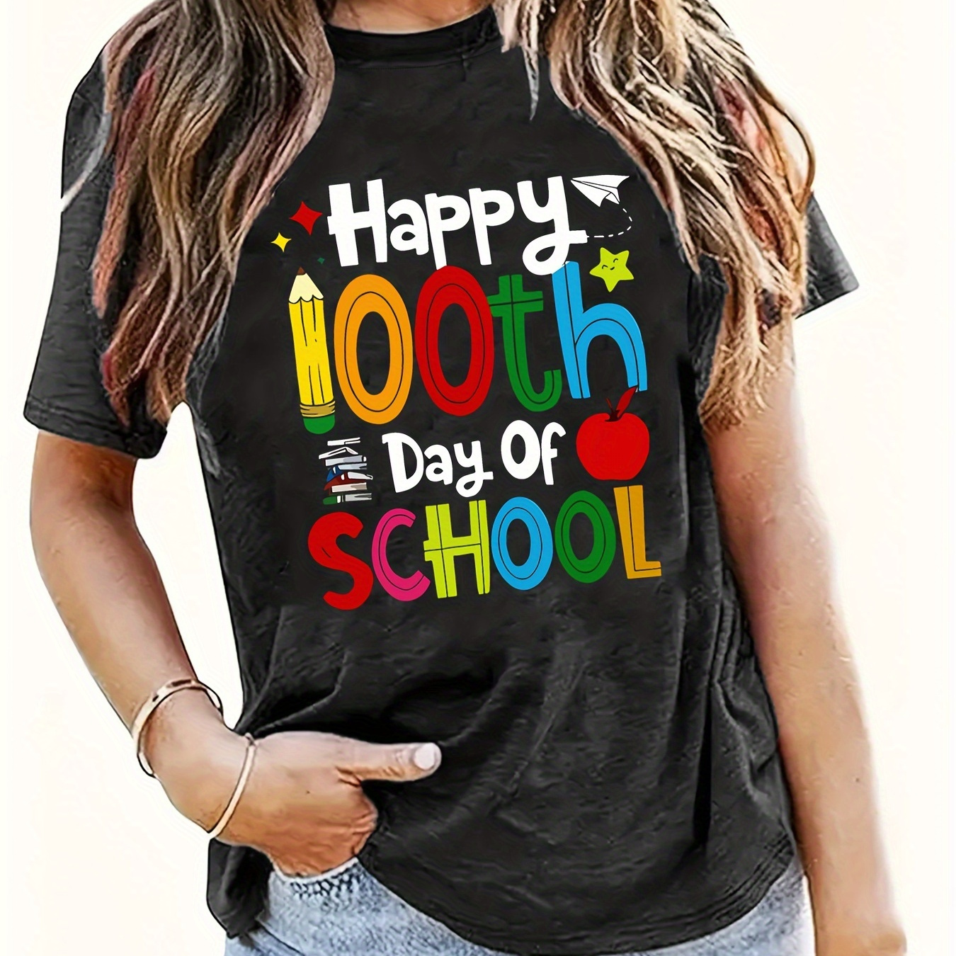 

Happy 100th Day Of School Print T-shirt, Short Sleeve Crew Neck Casual Top, Women's Clothing