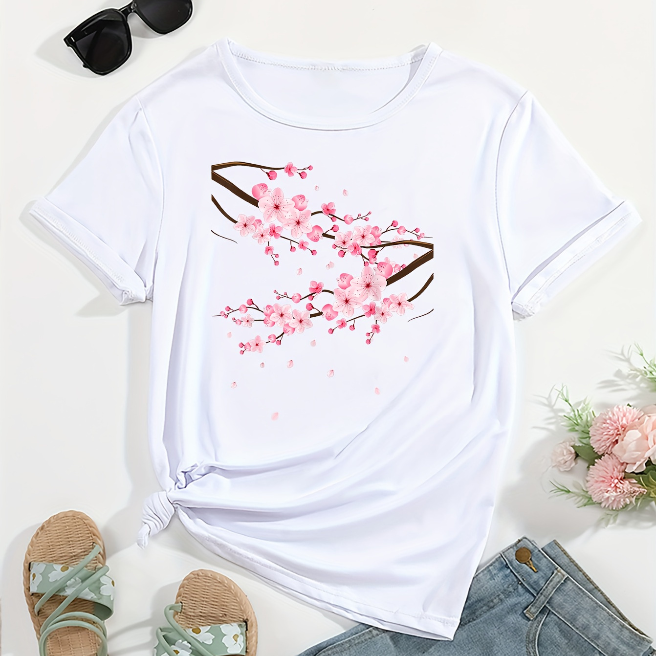 

Women's Falling Cherry Printed Casual T-shirt, Round Neck Short Sleeve, Soft Sporty Top