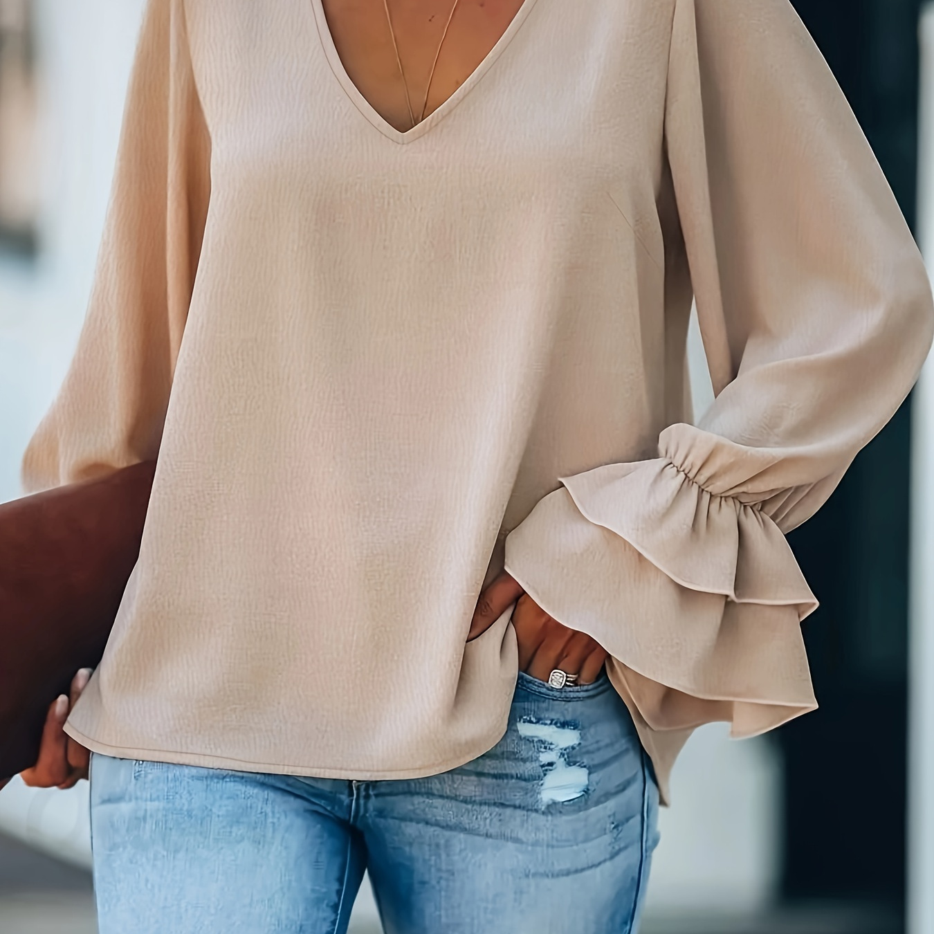 

Plus Size Ruffle Sleeve Blouse, Elegant V Neck Solid Blouse For Spring & Summer, Women's Plus Size clothing
