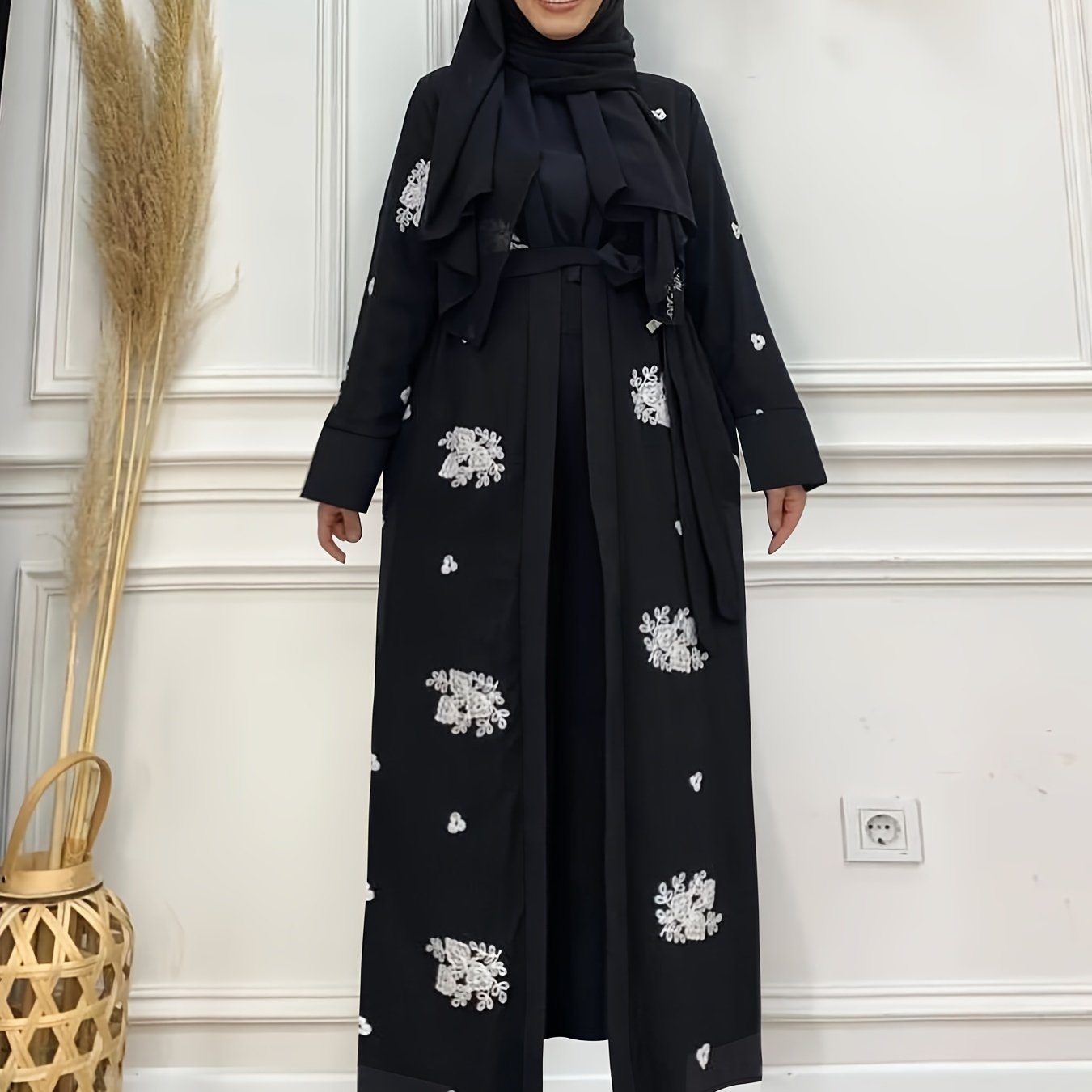 

Ramadan Floral Neck Kaftan Abayas, Casual Long Sleeve Belted Dress Without , Women's Clothing