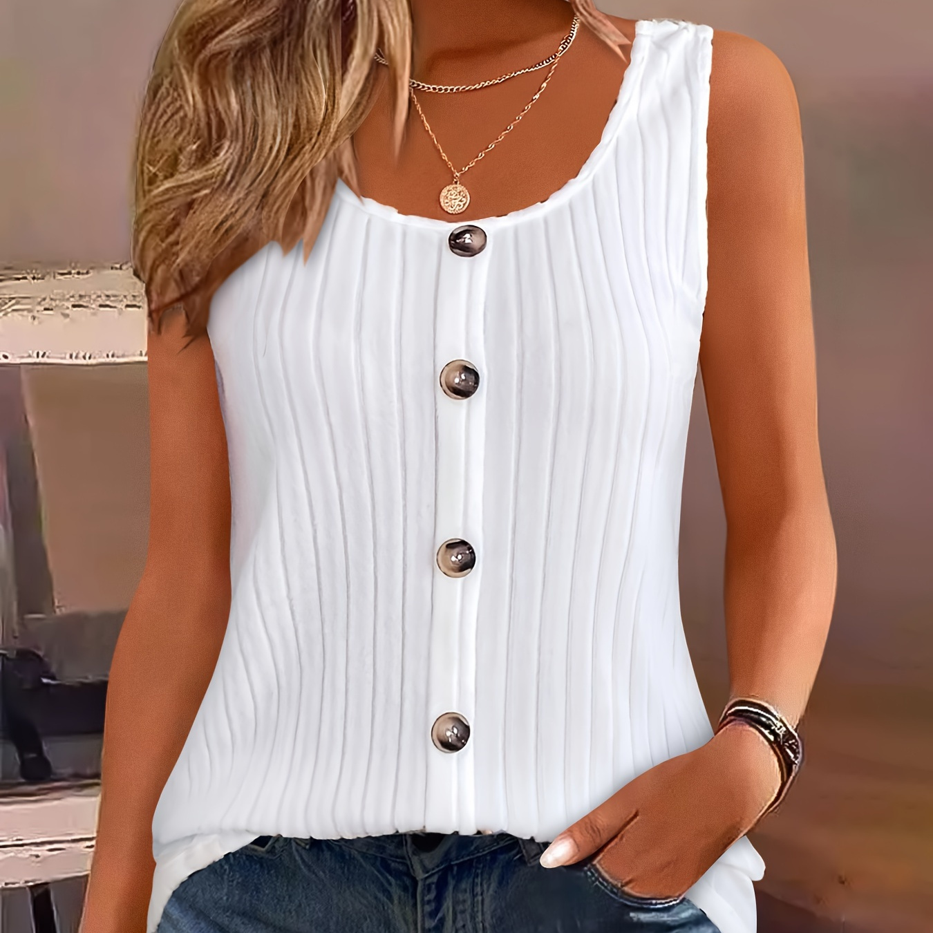 TEMU Ribbed Fake Buttons Crew Neck Tank Top, Casual Sleeveless Top For Spring & Summer, Women's Clothing