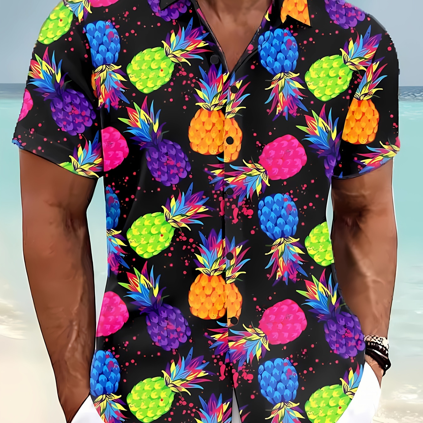 

Colorful Pineapple Pattern Men's Short Sleeve Button Up Lapel Shirt, Novel And Trendy Hawaiian Style Tops For Summer Beach Vacation Resorts
