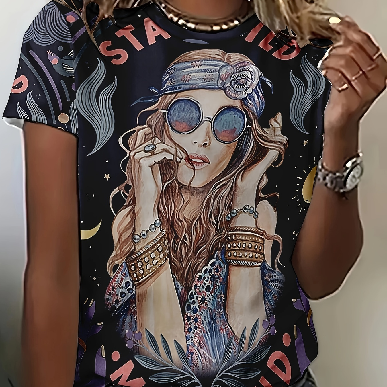 

Women's Fashion Graphic Tee, 3d Print Bohemian Girl Design, Casual Student Style, Short Sleeve T-shirt, Soft Fabric, Trendy Streetwear