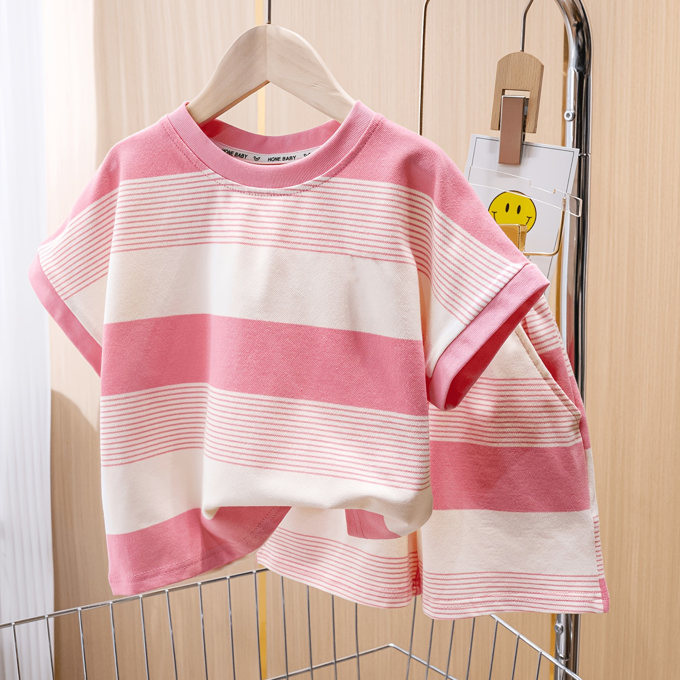 

95% Cotton Girl's Striped Outfit, Short Sleeve Top + Shorts Casual Set, Holiday Summer 2pcs Girls Clothes