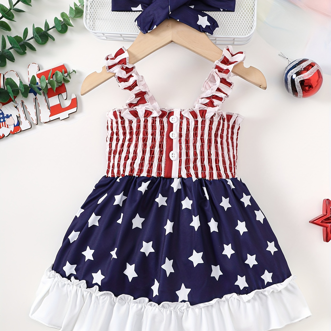 

Infant & Toddler's Stripe & Star Pattern Cami Dress, Shirred Dress For Independence Day, Baby Girl's Clothing For Summer