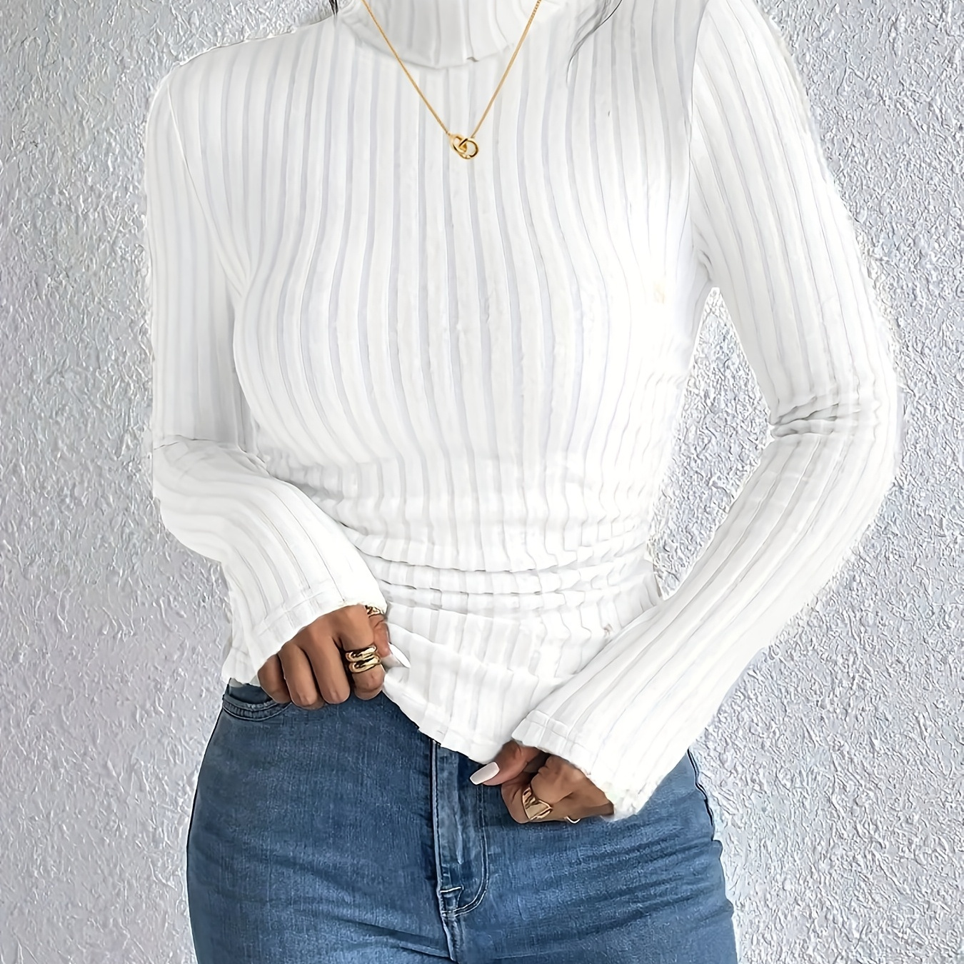 

Elegant Women's Long Sleeve T-shirt - Chic High Neck, Ribbed Detail, Stretchy Polyester , Machine Washable, Fall Fashion