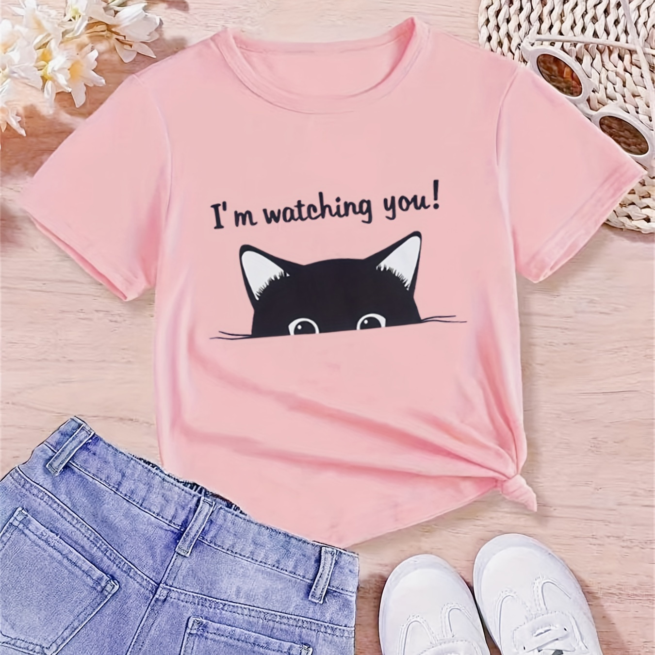 

Girls' Casual T-shirt With Cute 'i'm Watching You' Cat Print, Comfortable Round Neck Fashion Tee For Spring/summer, Great Gift For Girls Clothing