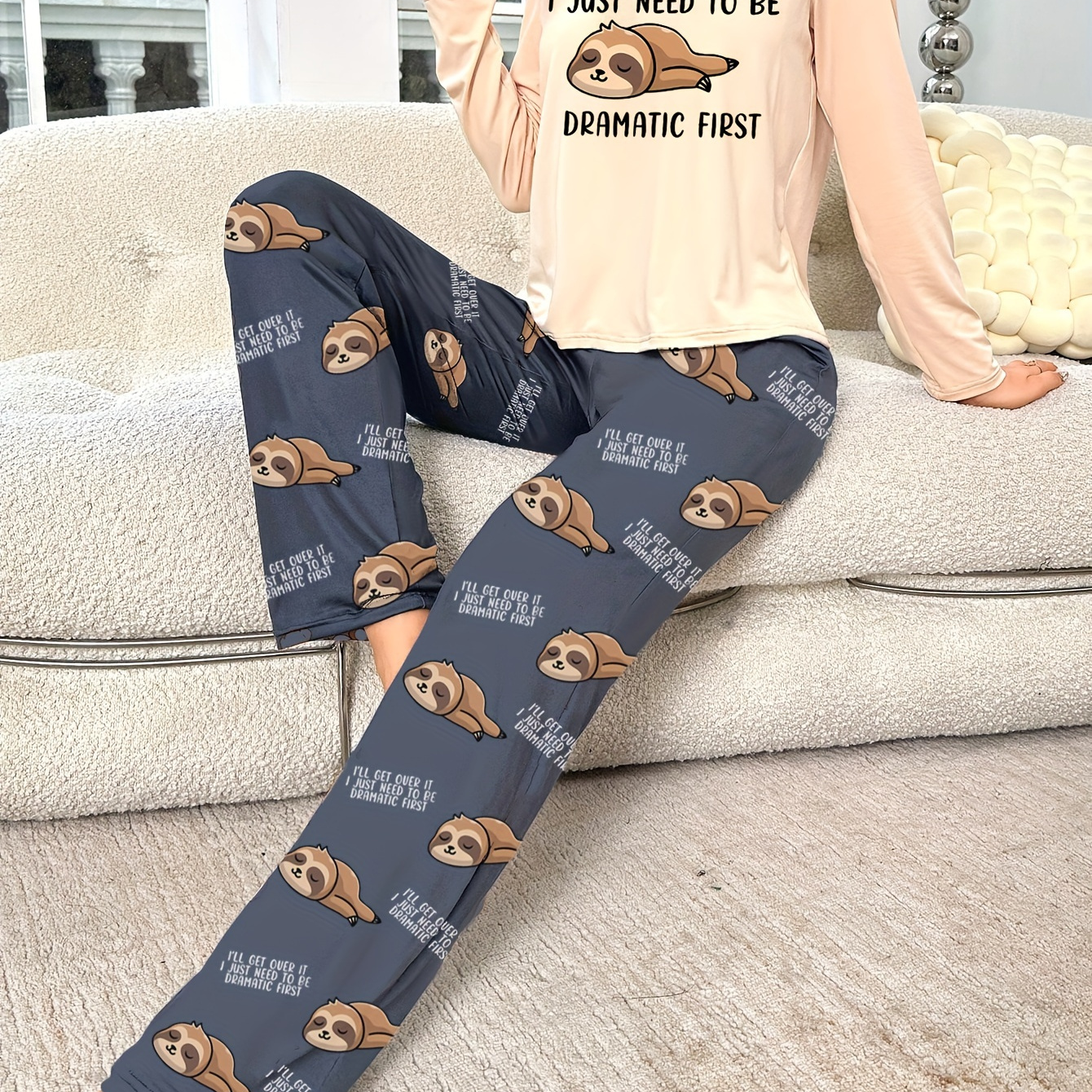 

Women's Cartoon Sloth Print Pajama Set, Cozy Polyester Knit Pajamas, Casual Round Neck, Adult Sleepwear, Home Loungewear, Autumn/winter Season, Adult Size