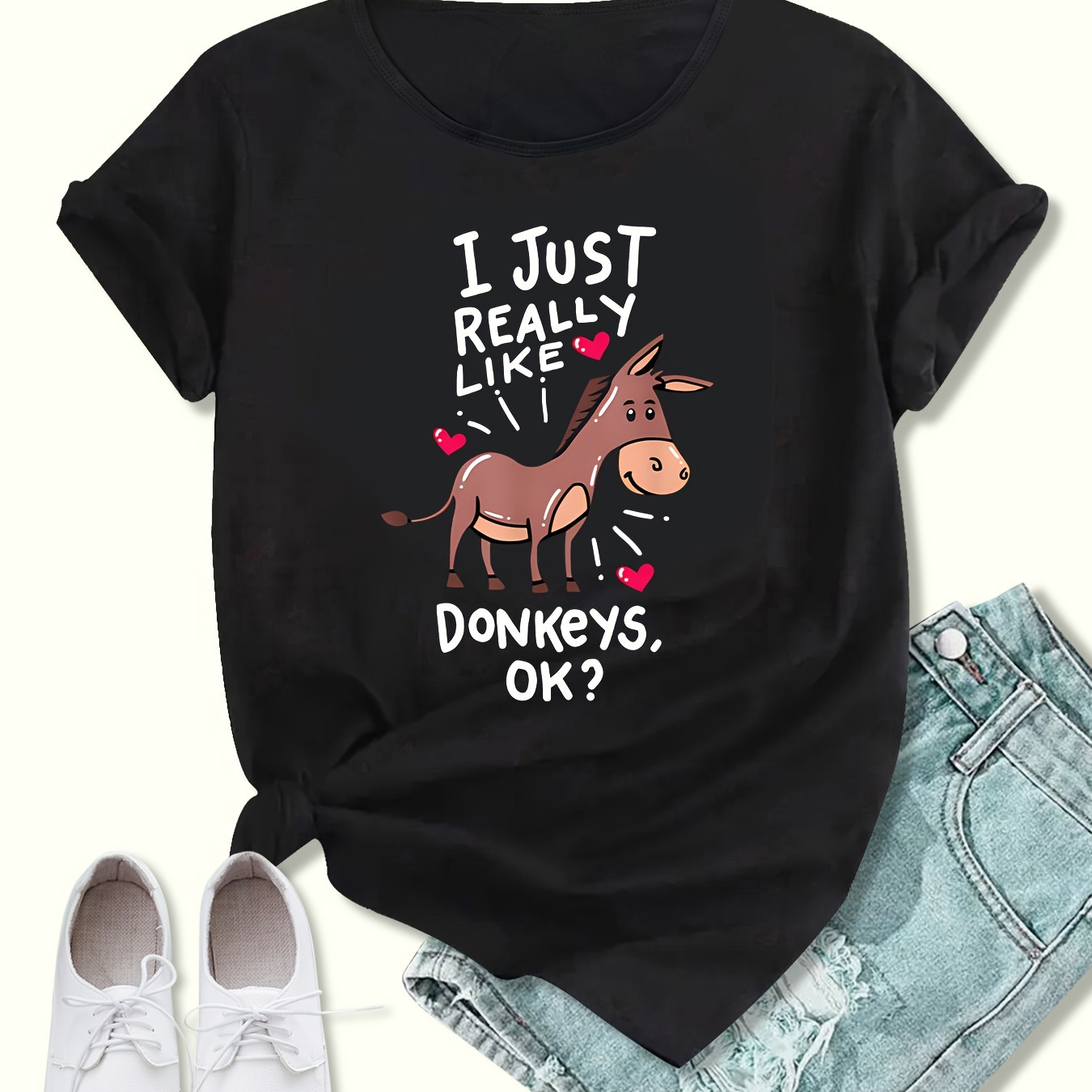 

Women's Sports Short Sleeve T-shirt, Comfortable And Stylish, For Sports And Daily Life, Letter & Cartoon Donkey Print