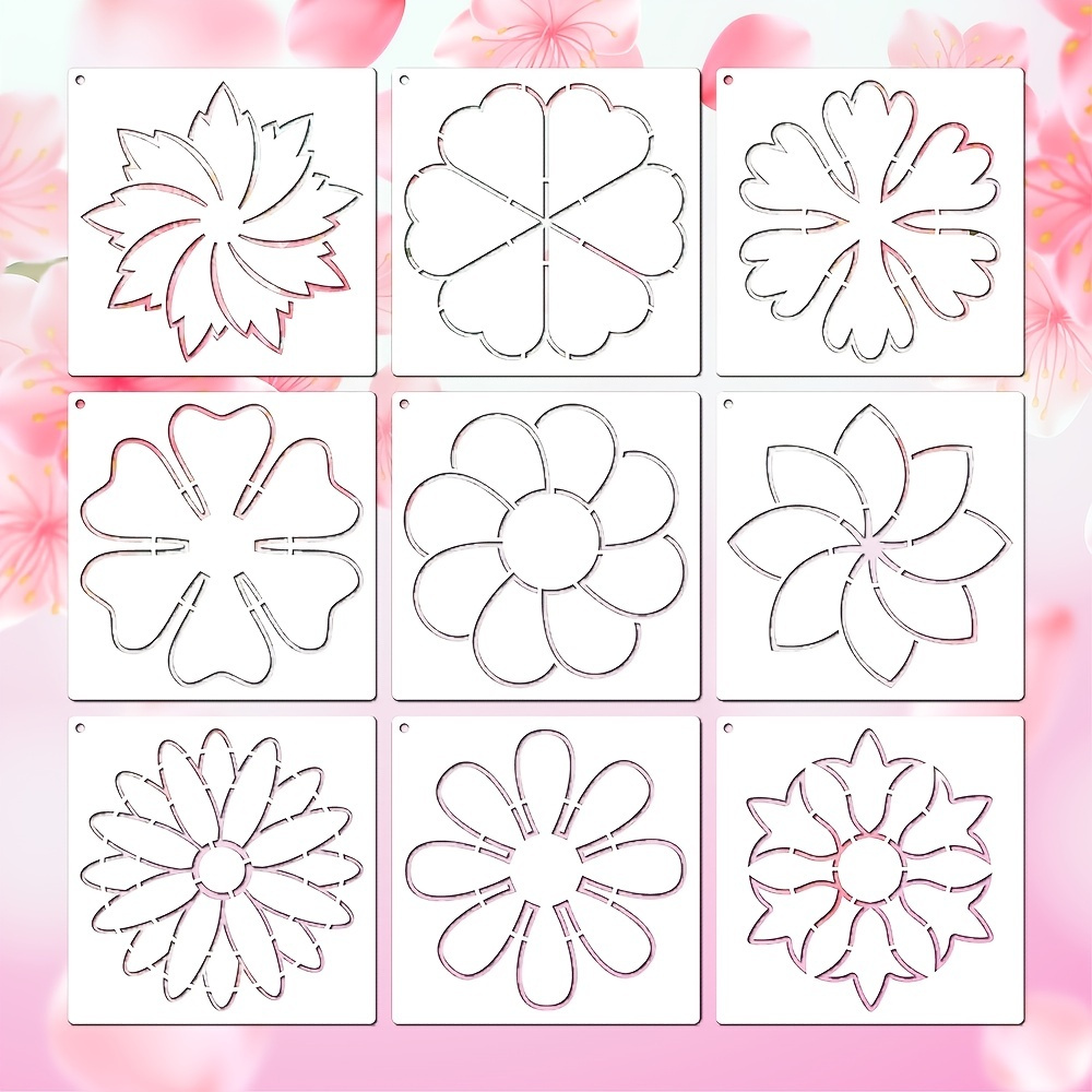 

9 Pieces Flower Line Quilting Stencil Kit Sewing Stencils Flower Reusable Mylar Template Stencils With Metal Open Ring For Sewing On Fabric Quilt Clothes