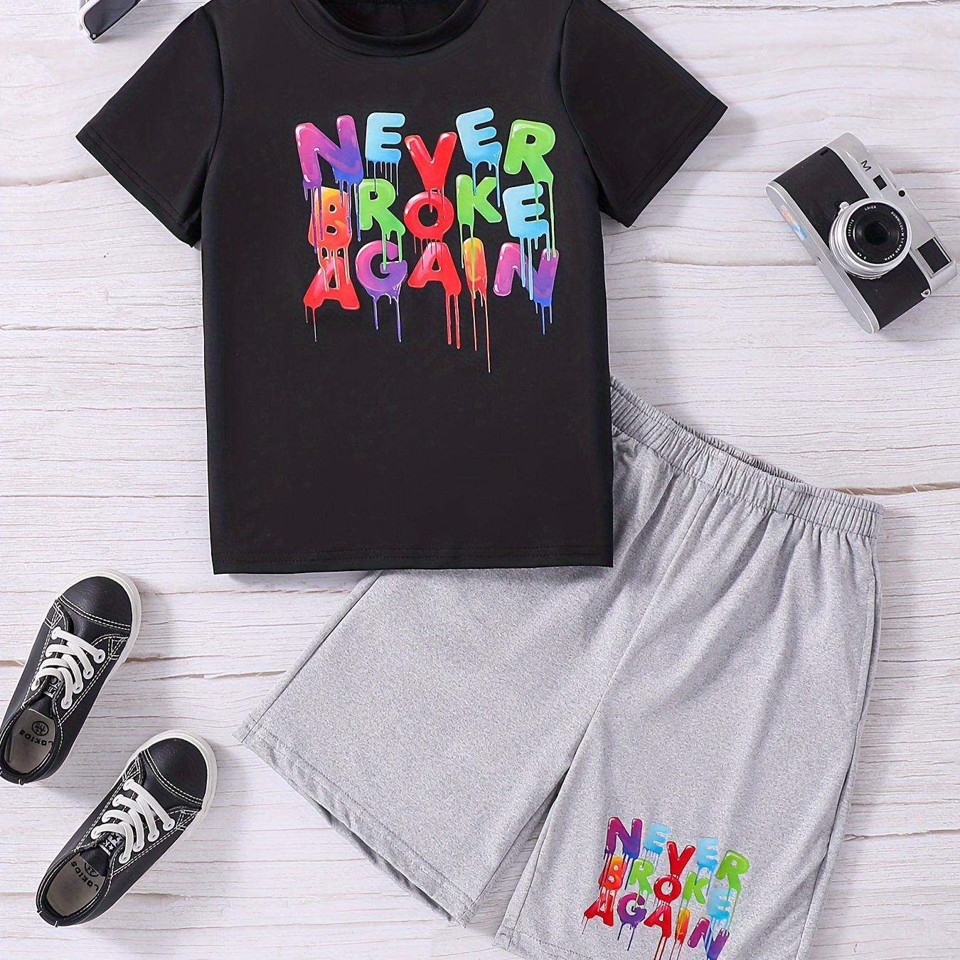 

Boys Round Neck Short Sleeve T-shirt Top & Sports Shorts 2pcs Never Broke Again Print Casual Kids Clothes